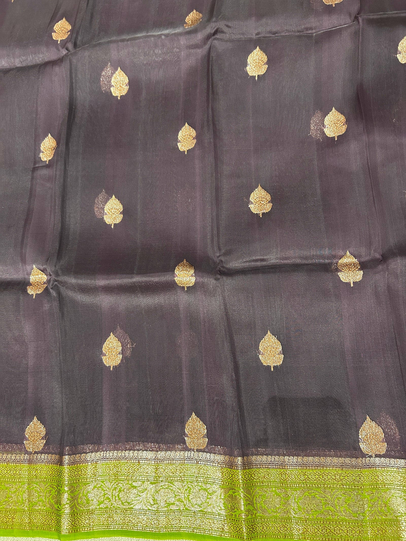 Coffee Brown & parrot Green combo Pure Handloom premium Kora Banarasi Saree