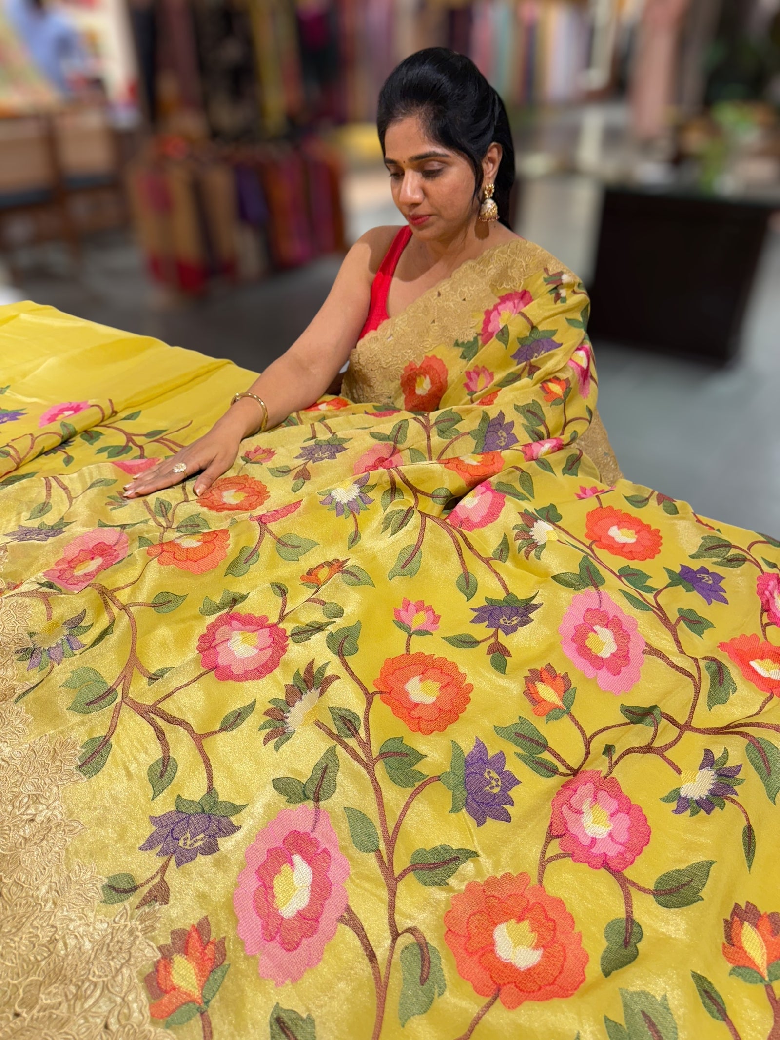 Yellow Tissue georgette with embroidery and cutwork border