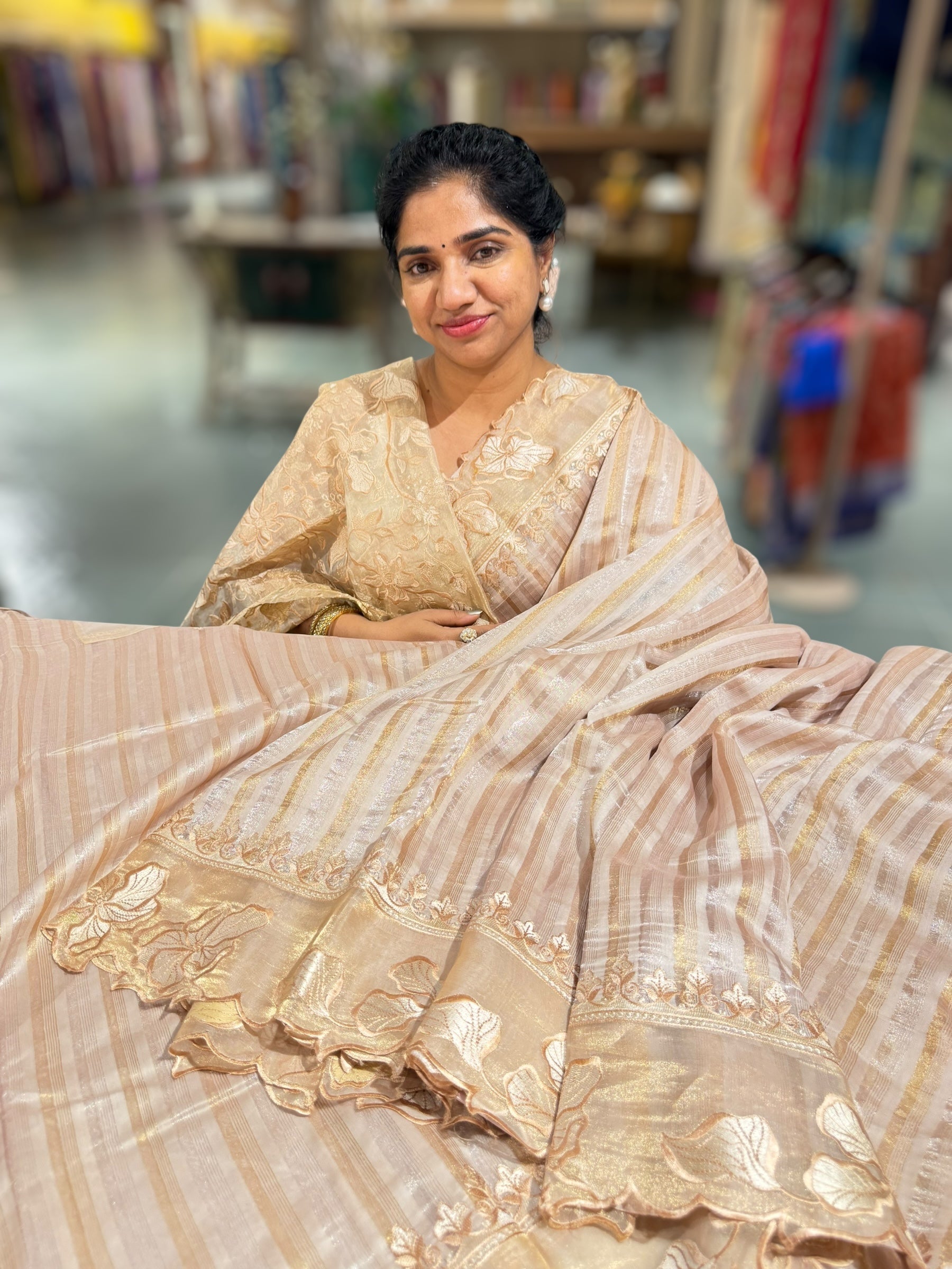 Golden Beige Mul Tissue Stripes Saree With Tissue Cutwork  Border & Blouse