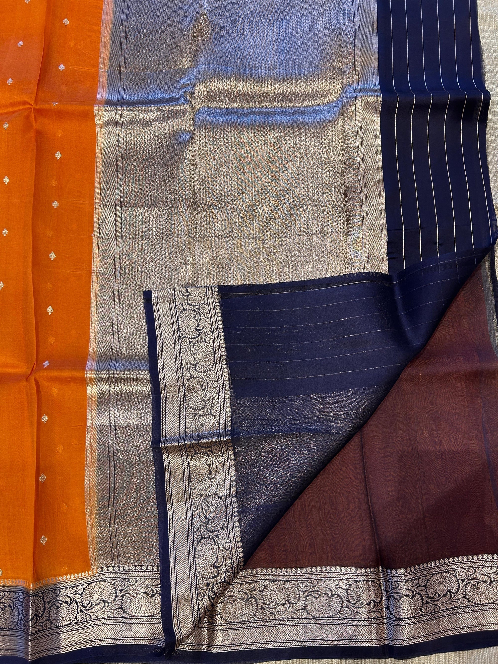 Rust with navy Combo Pure Handloom premium Kora Banarasi Saree