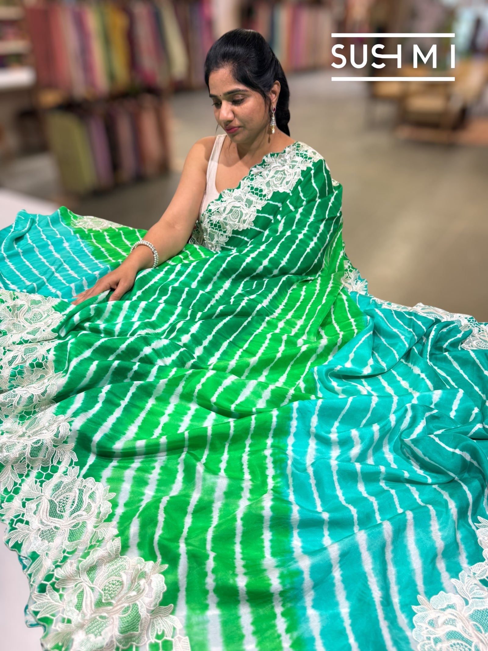 Green ombre dyed habutai Satin Silk lehariya Saree S62F066