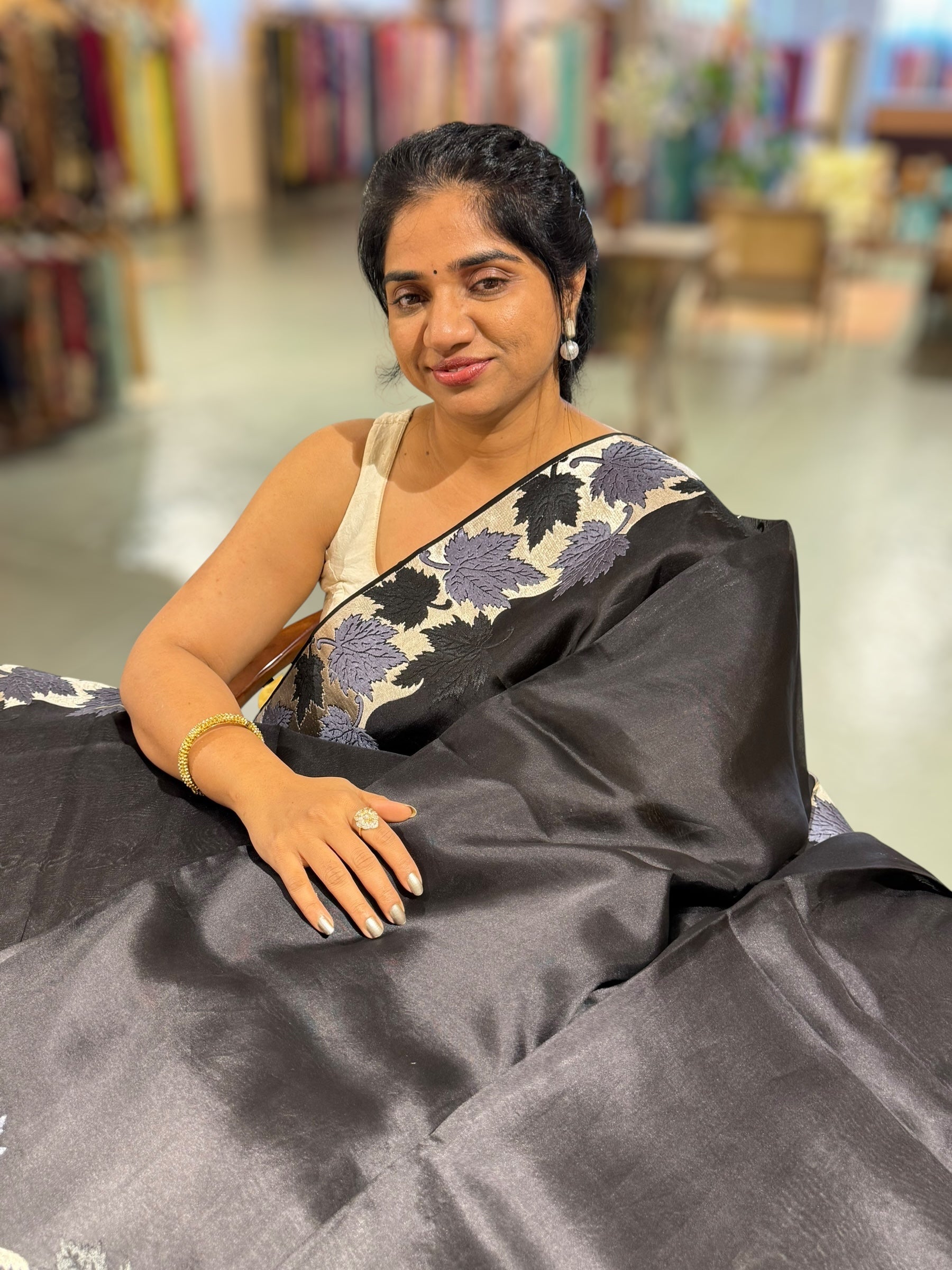 Black Organza Saree with Stunning Leaf Embroidered Border