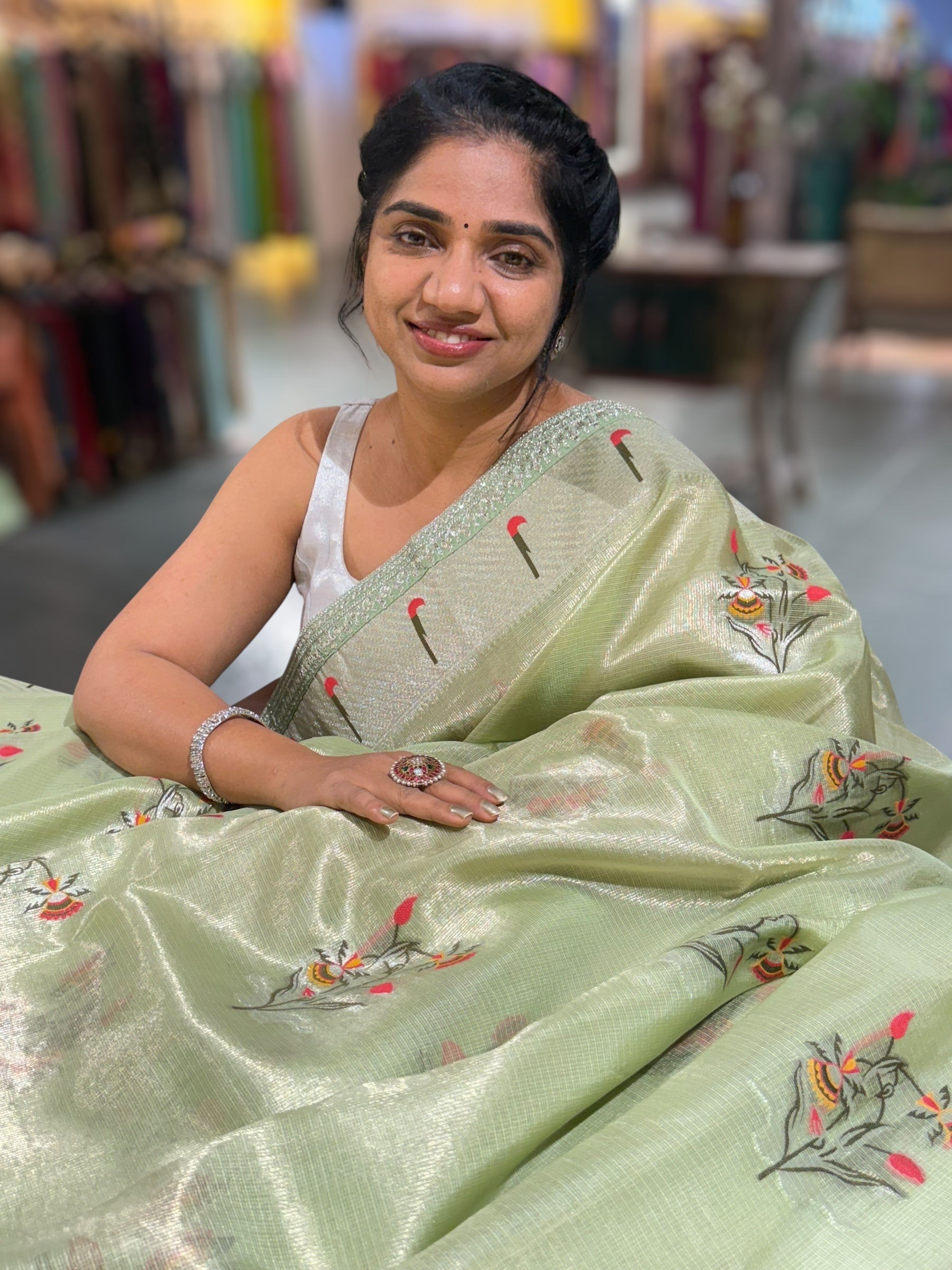 Sea Green Tissue Kota Saree With sabhyasachi Borders and Blouses