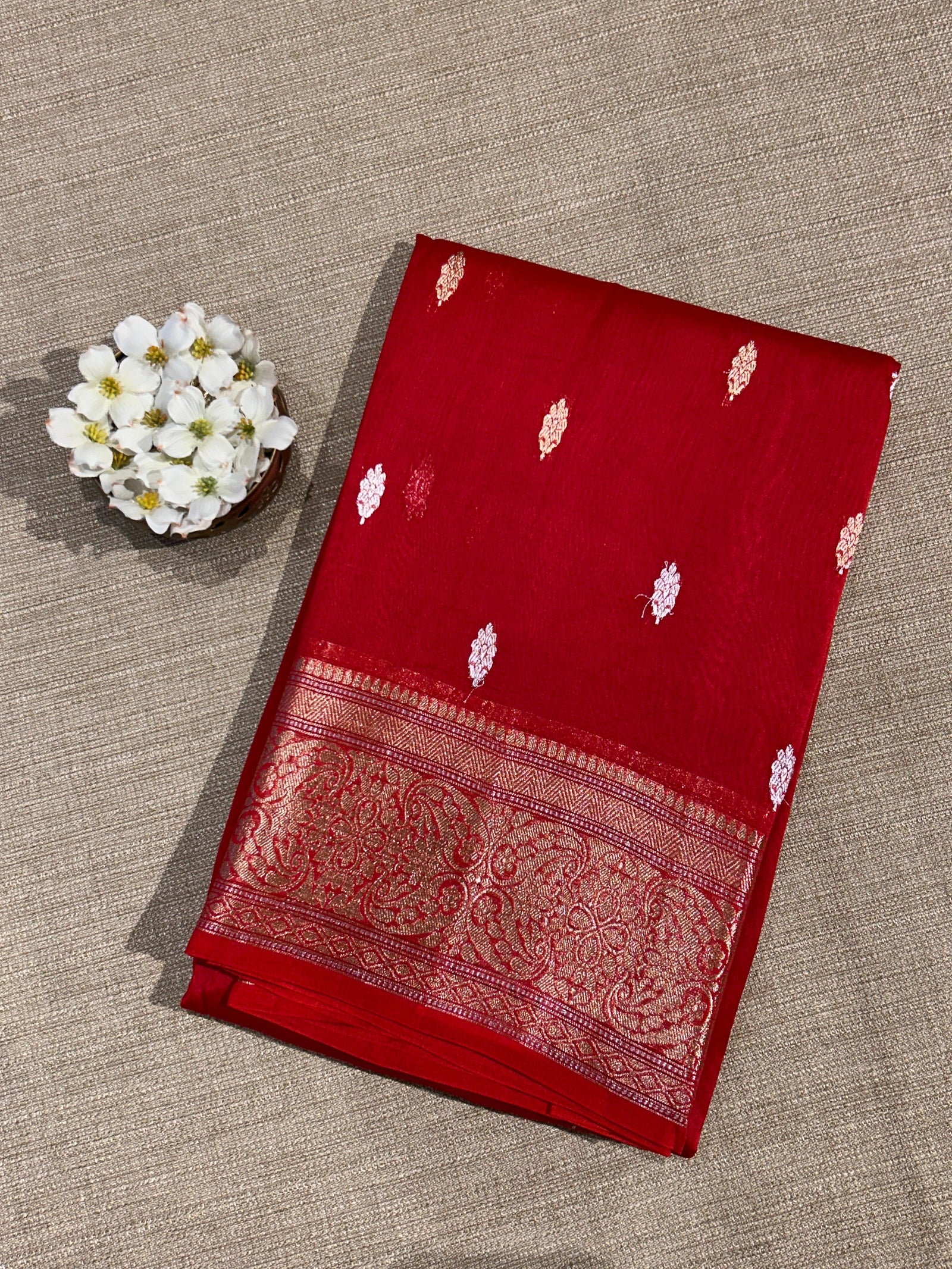 Red monotone Pure Handloom premium Kora Banarasi Saree