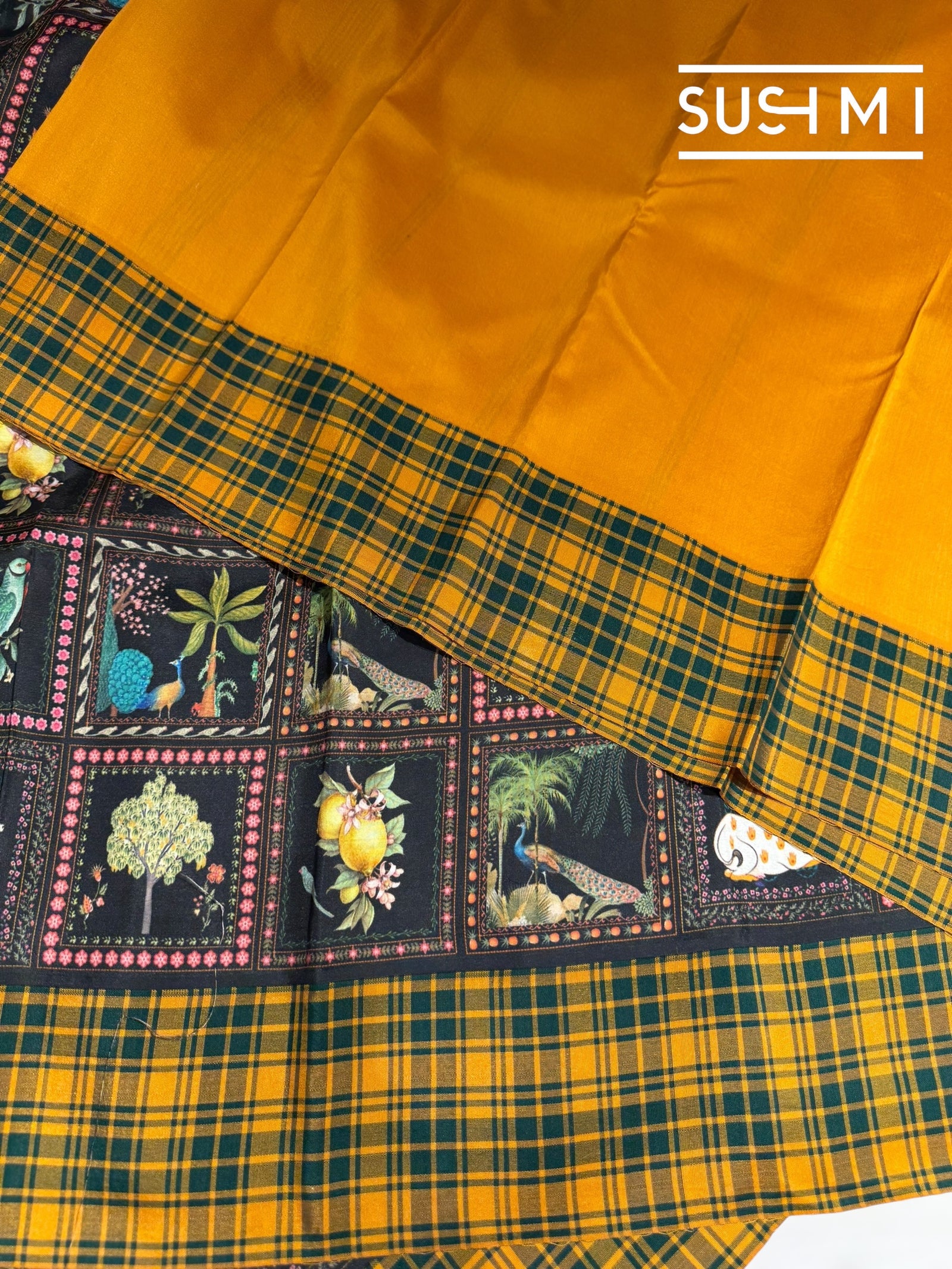 Black printed soft silk saree with burberry checks border : D62F033