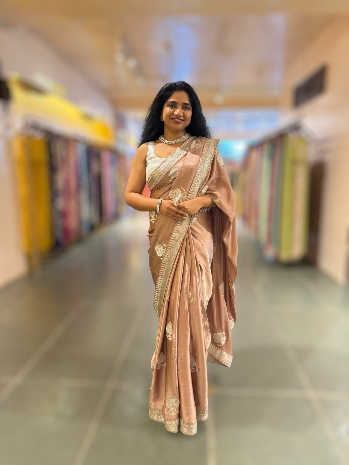Light Brown Satin Saree with Embroidery.
