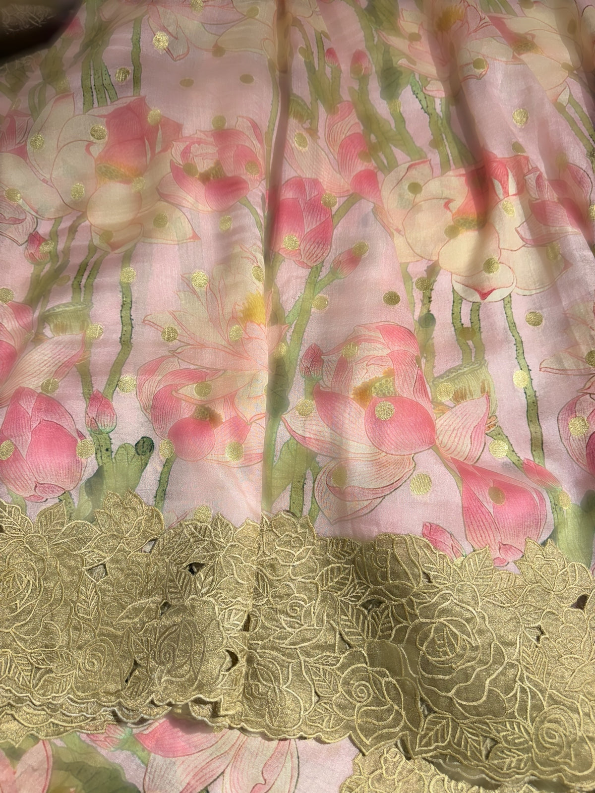 Baby Pink Banarasi Munga Printed Tussar Khaddi With Tissue cutwork Rose Border