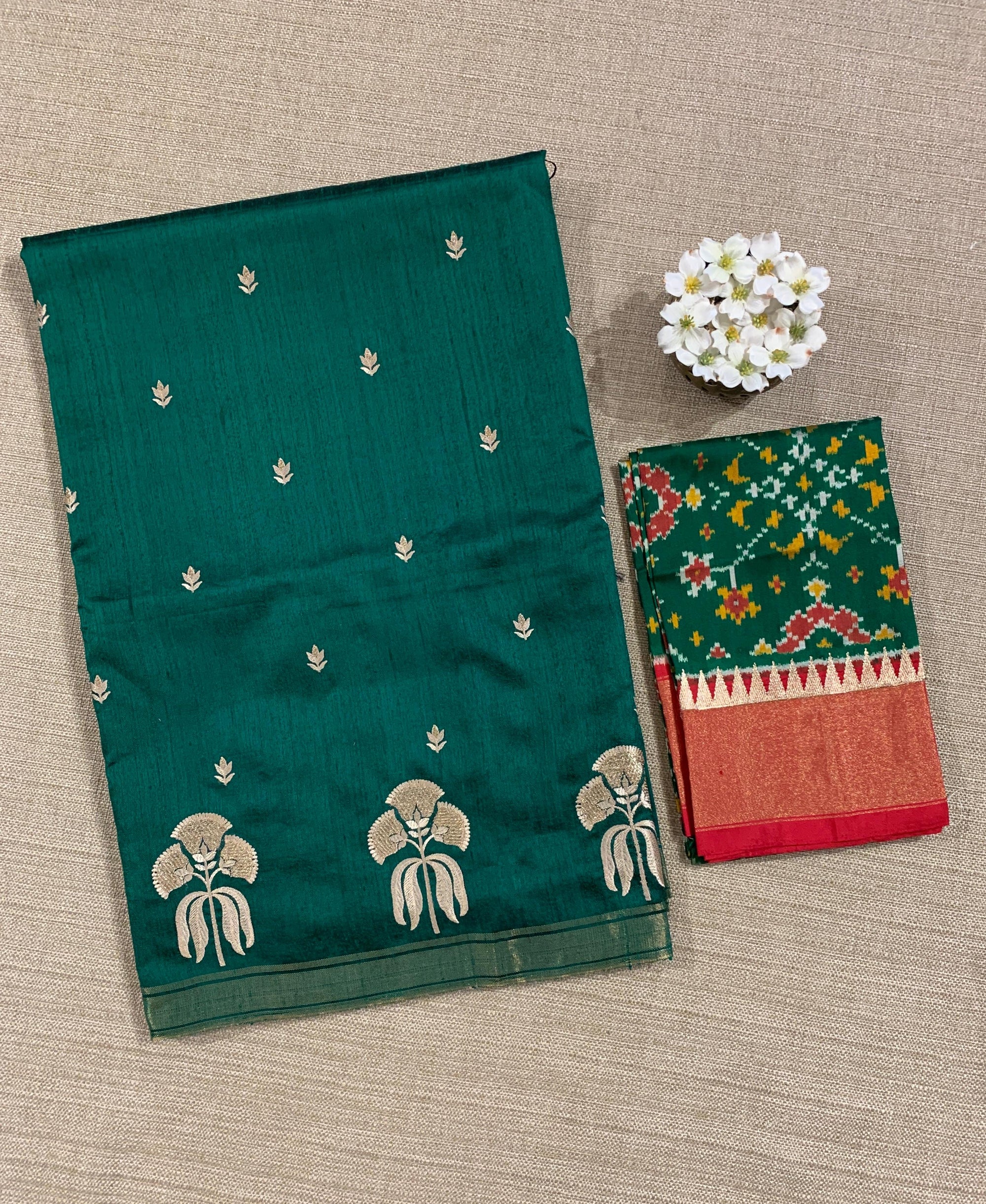 Bottle Green Handloom Raw Silk Saree