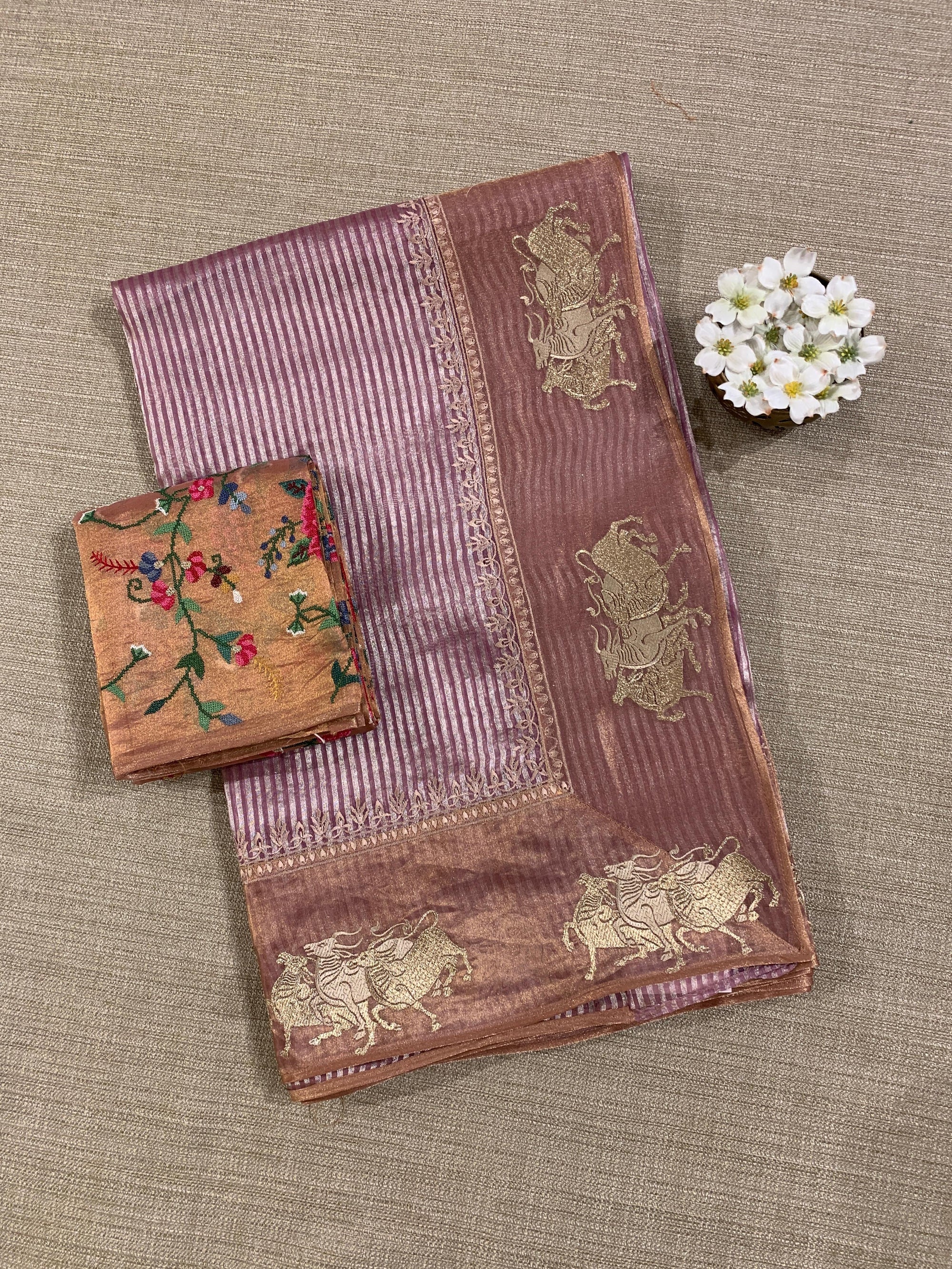Lilac Kora tissue stripes Saree with Nandi embroidered tissue border