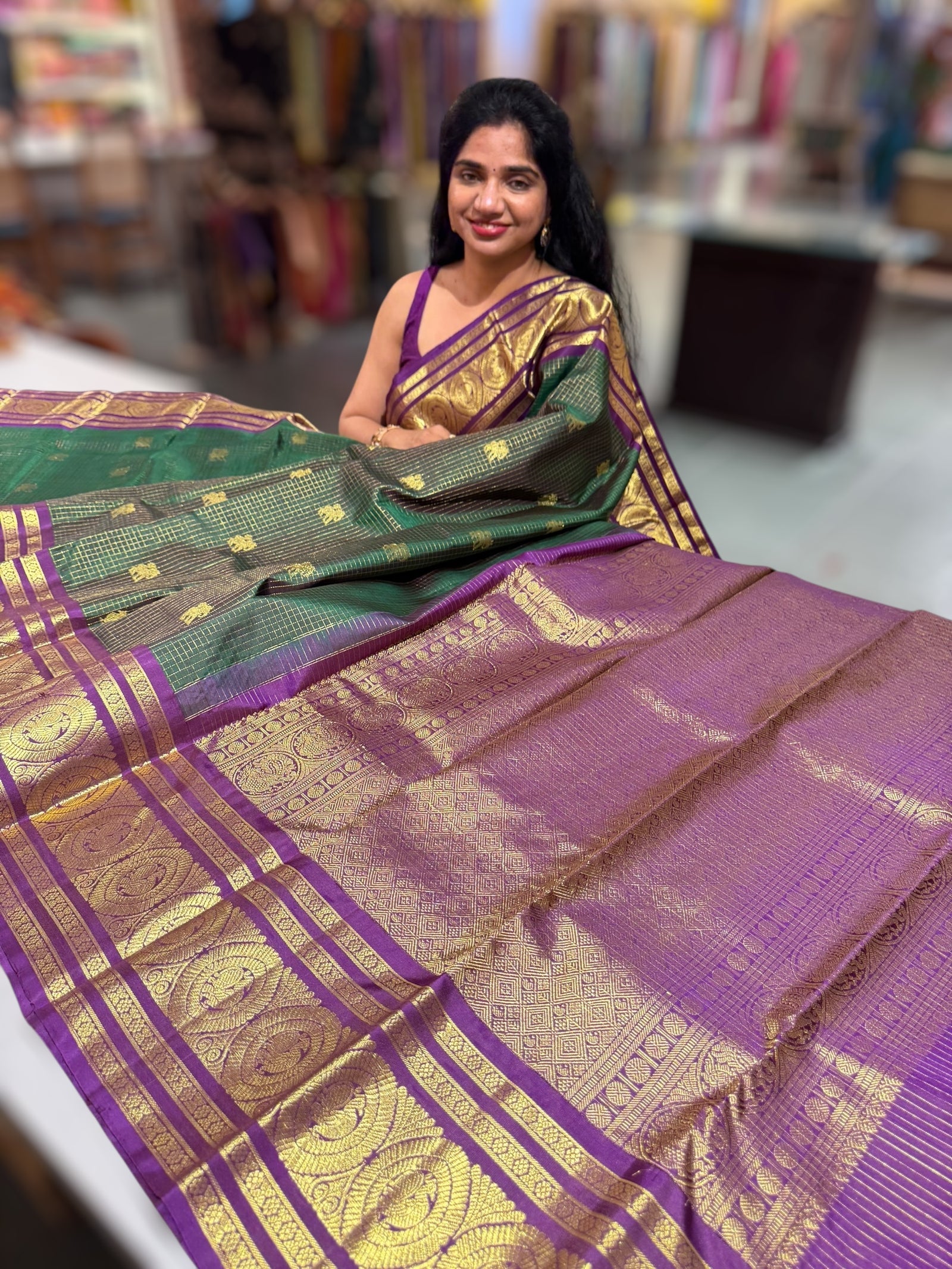Bottle Green & Purple Combo Kanchi Vintage Checks Saree