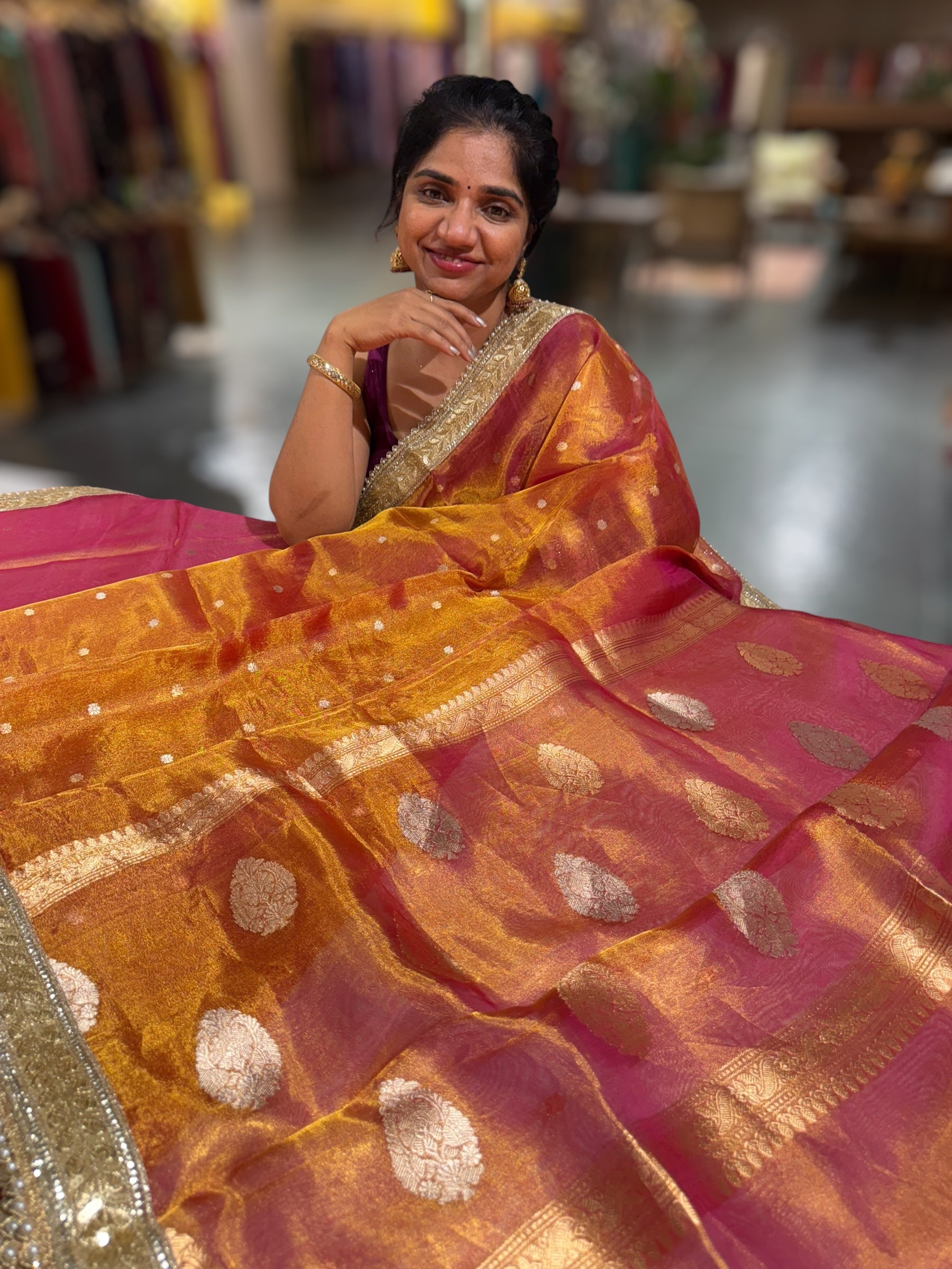 Orange & Pink dualtone Pure handloom Banarasi Tissue saree