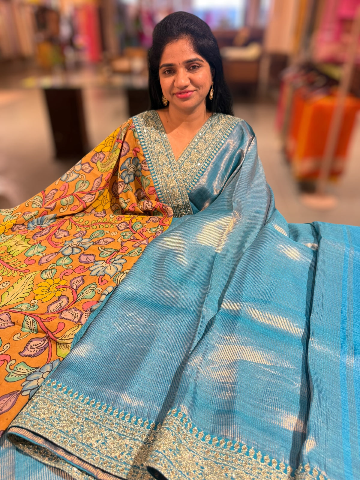 Copper sulphate kora Muslin Tissue fusion saree