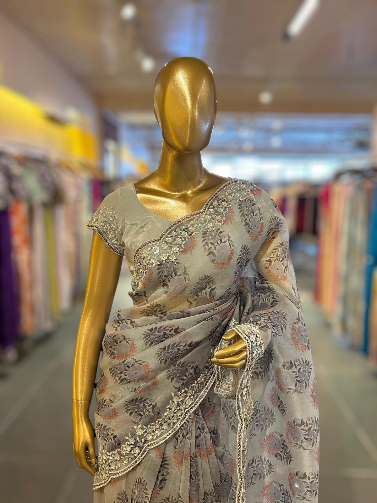Grey Organza Sabhyasachi printed saree with handwork border paired  with ready to wear blouse