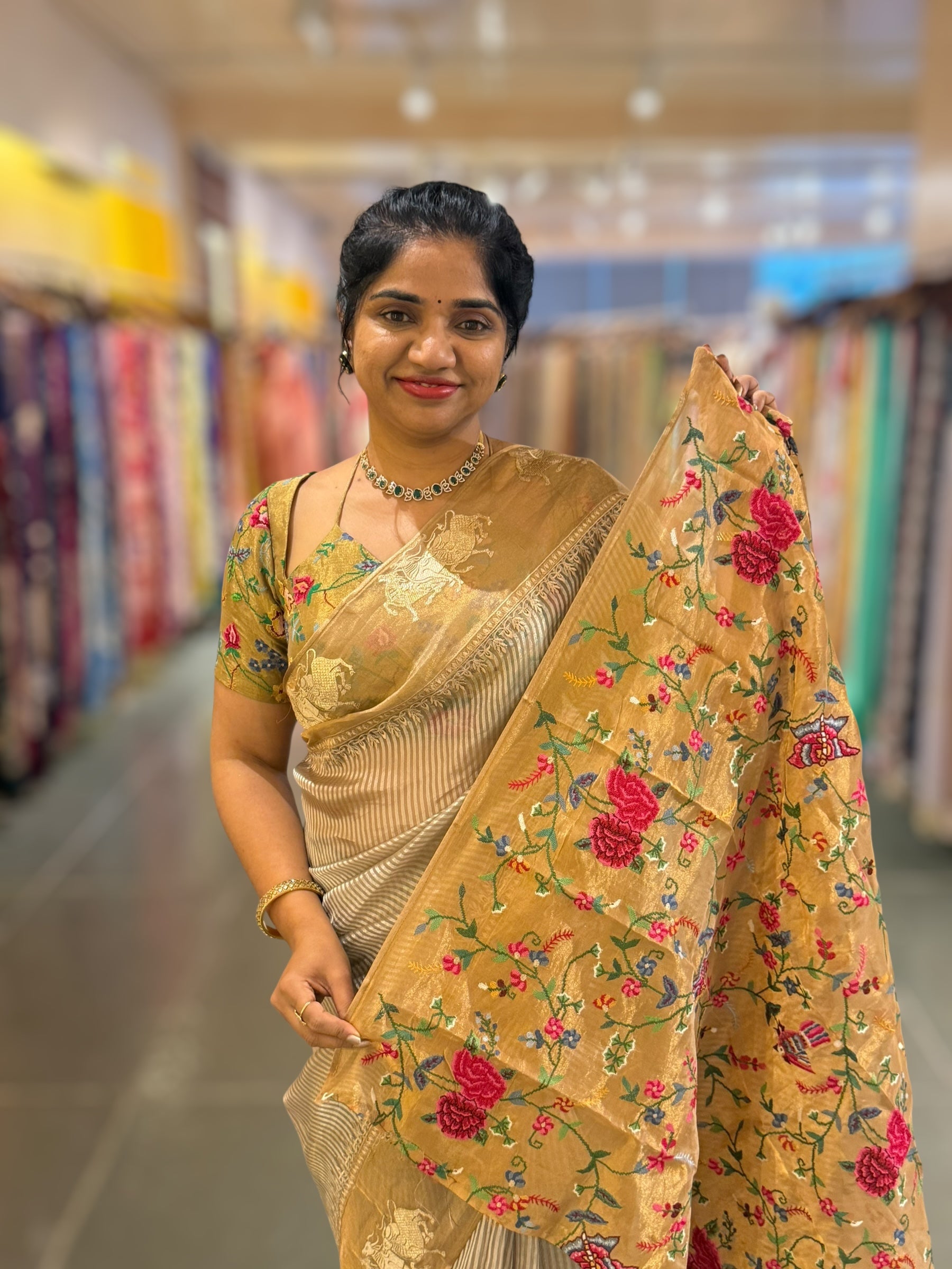Earthy Grey Kora tissue stripes Saree with Nandi embroidered tissue border