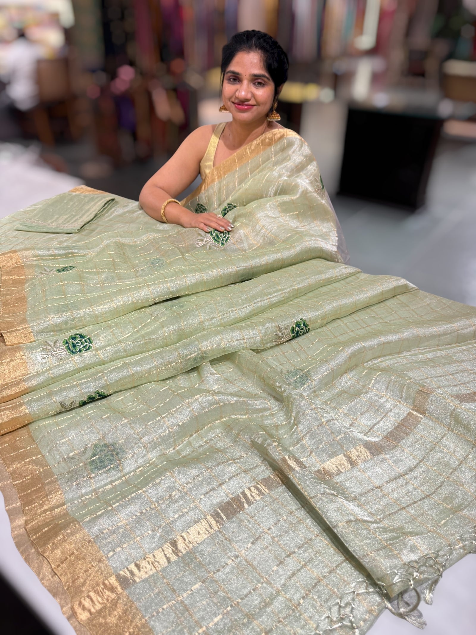 Pastel green checks tissue with allover rose embroidery