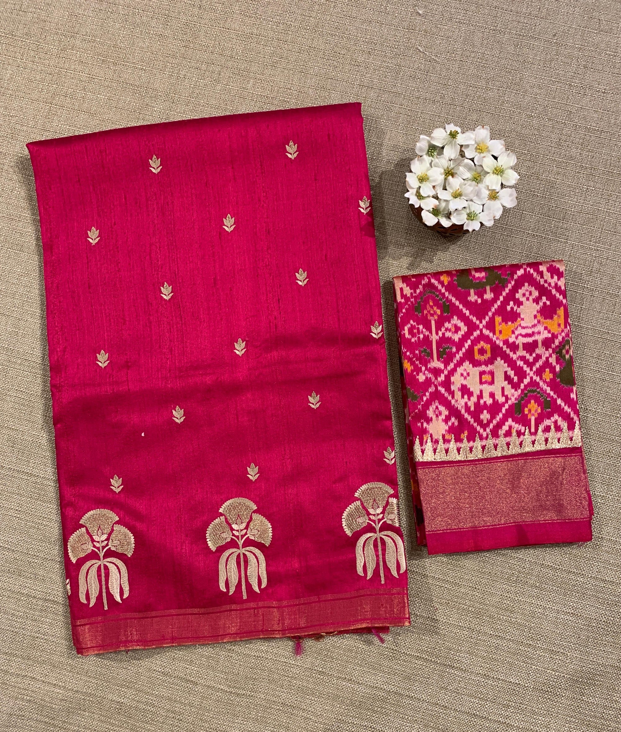Dark Pink Pure Handloom Raw Silk Saree