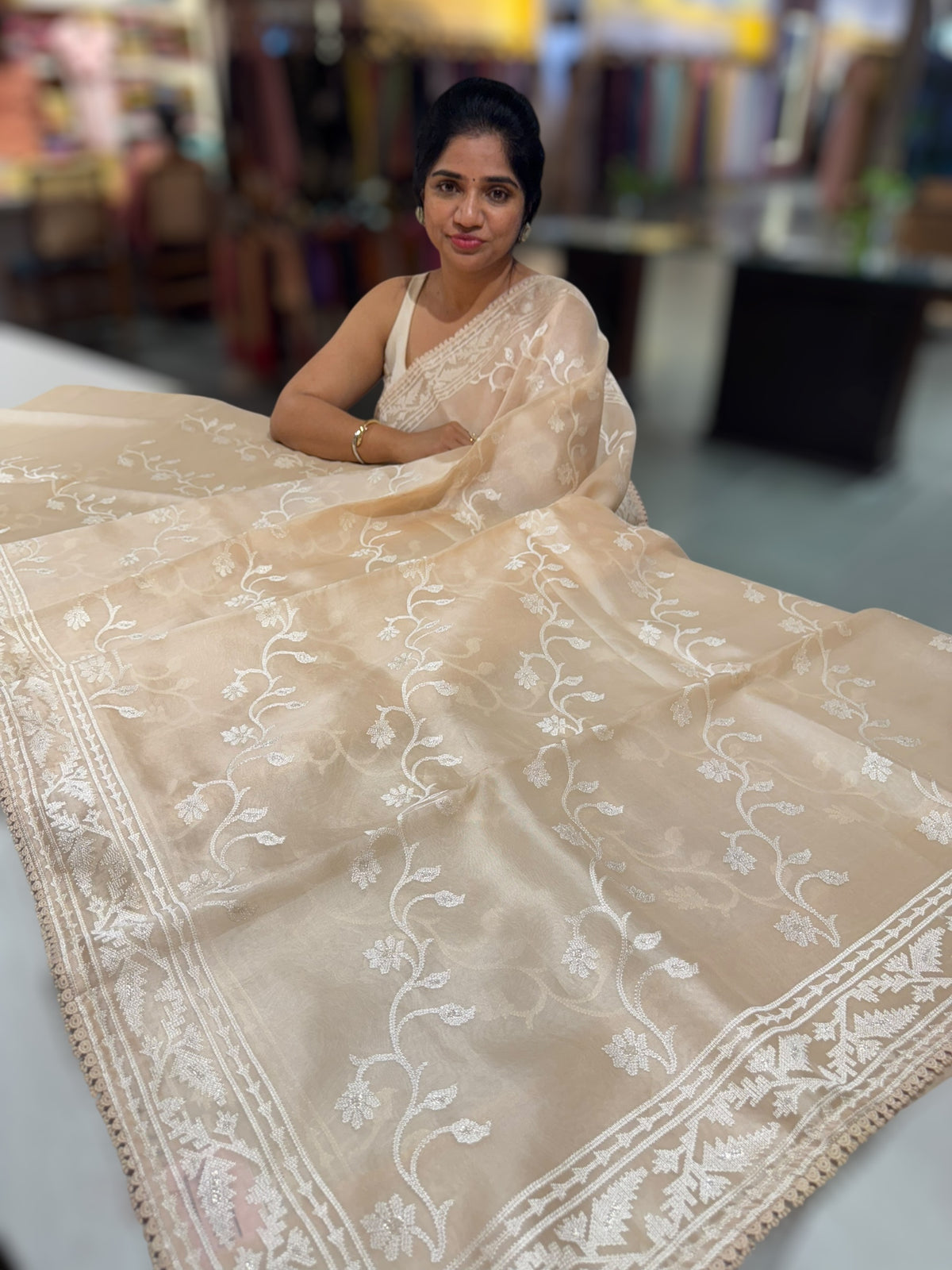 Beige Pure Organza with jamdani inspired embroidery