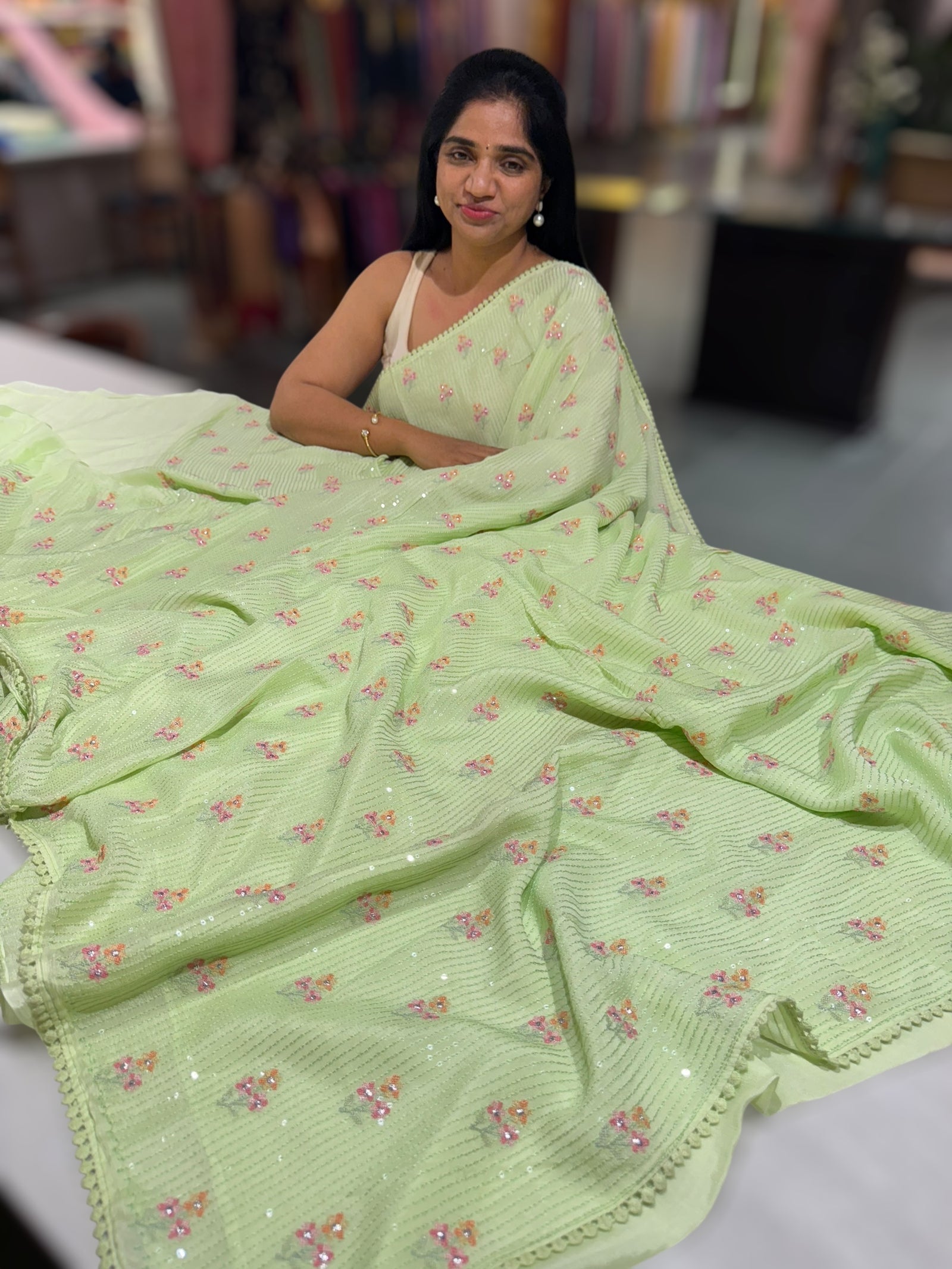 Sea Green chiffon saree with embroidery