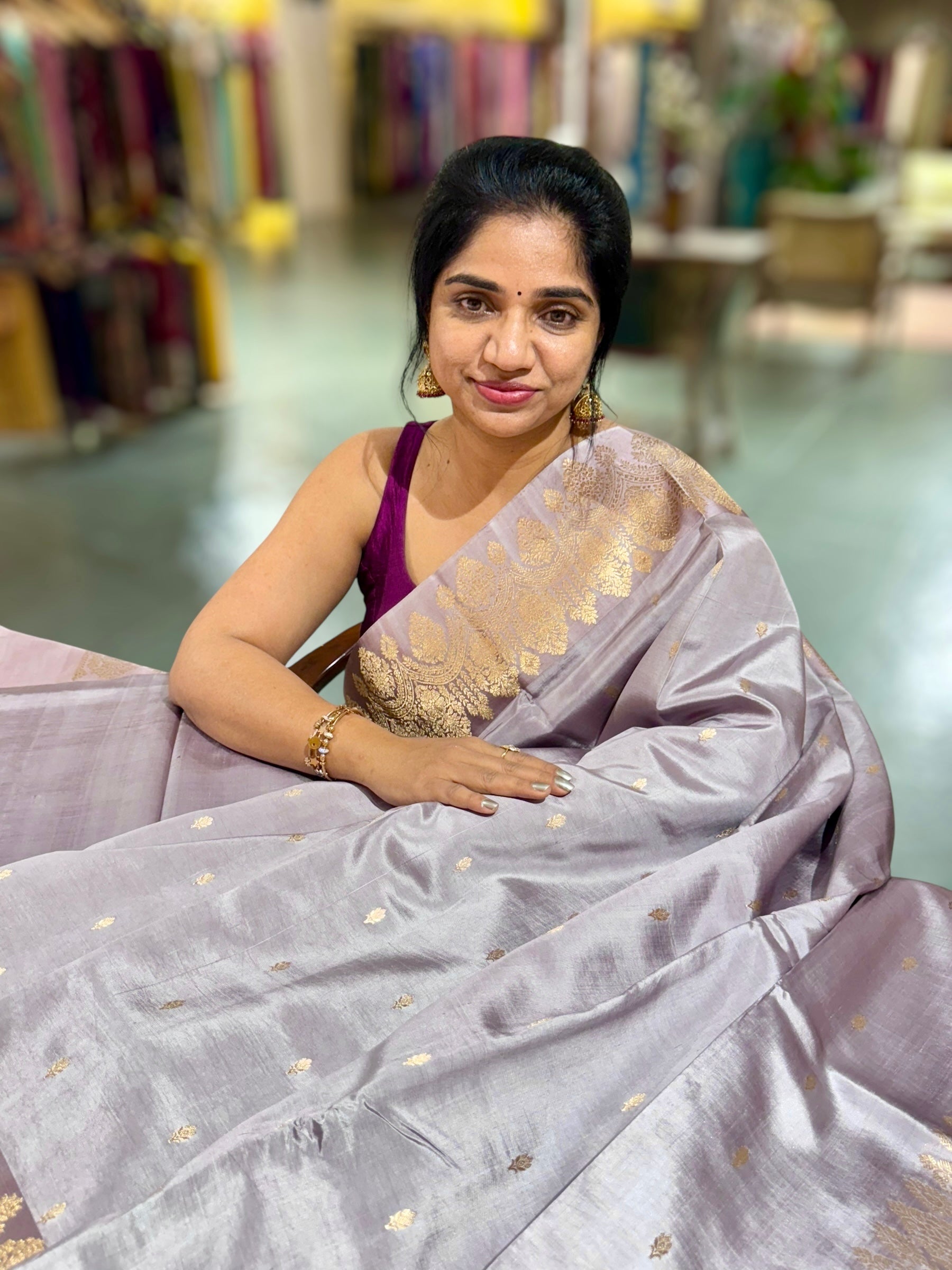 Dusty Mauve Raw Mangoe Silk Saree with heavy weaving Mashru Open Border