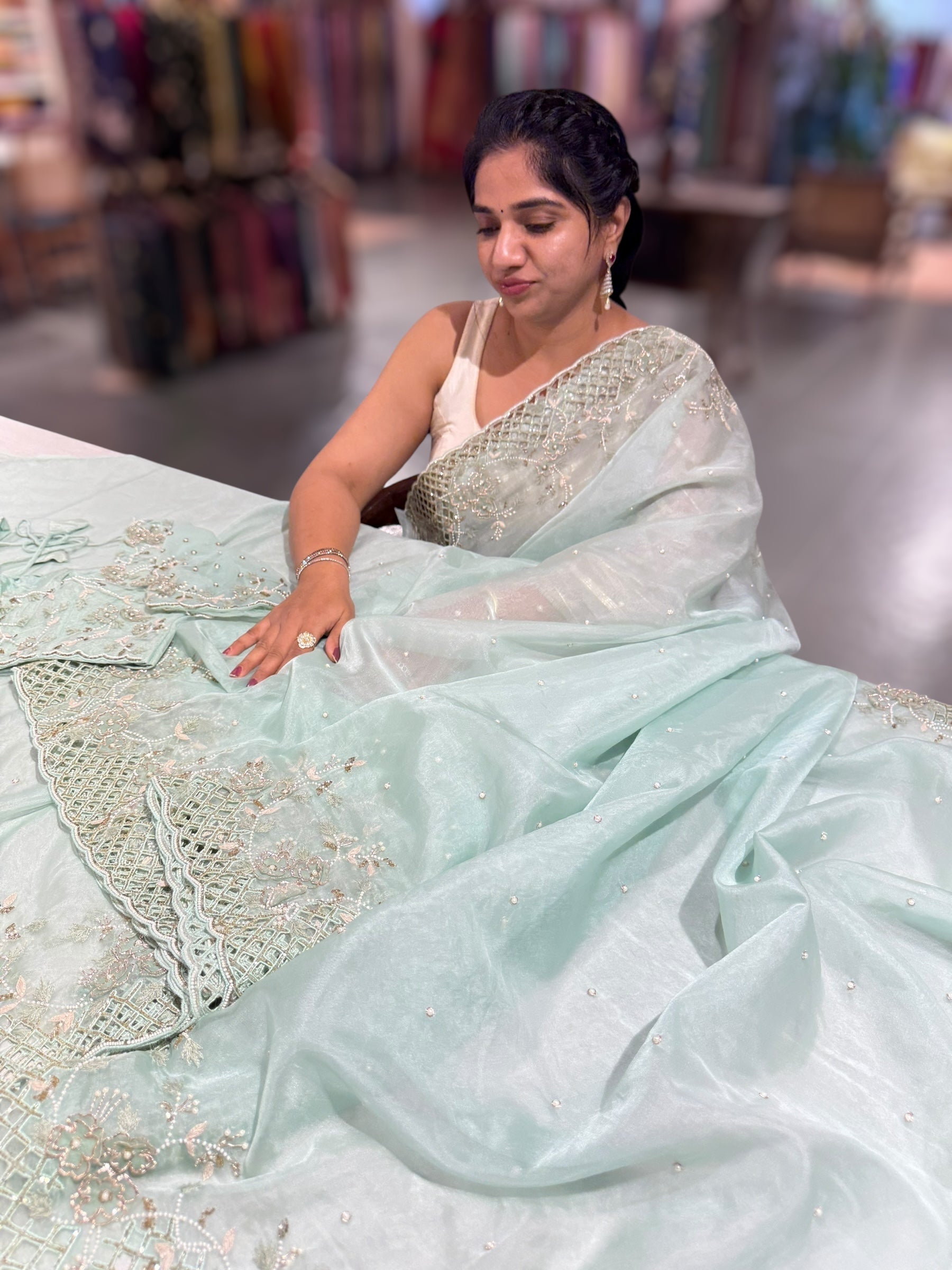 Mint Organza handwork saree with heavy cutwork handwork border ready to wear blouse