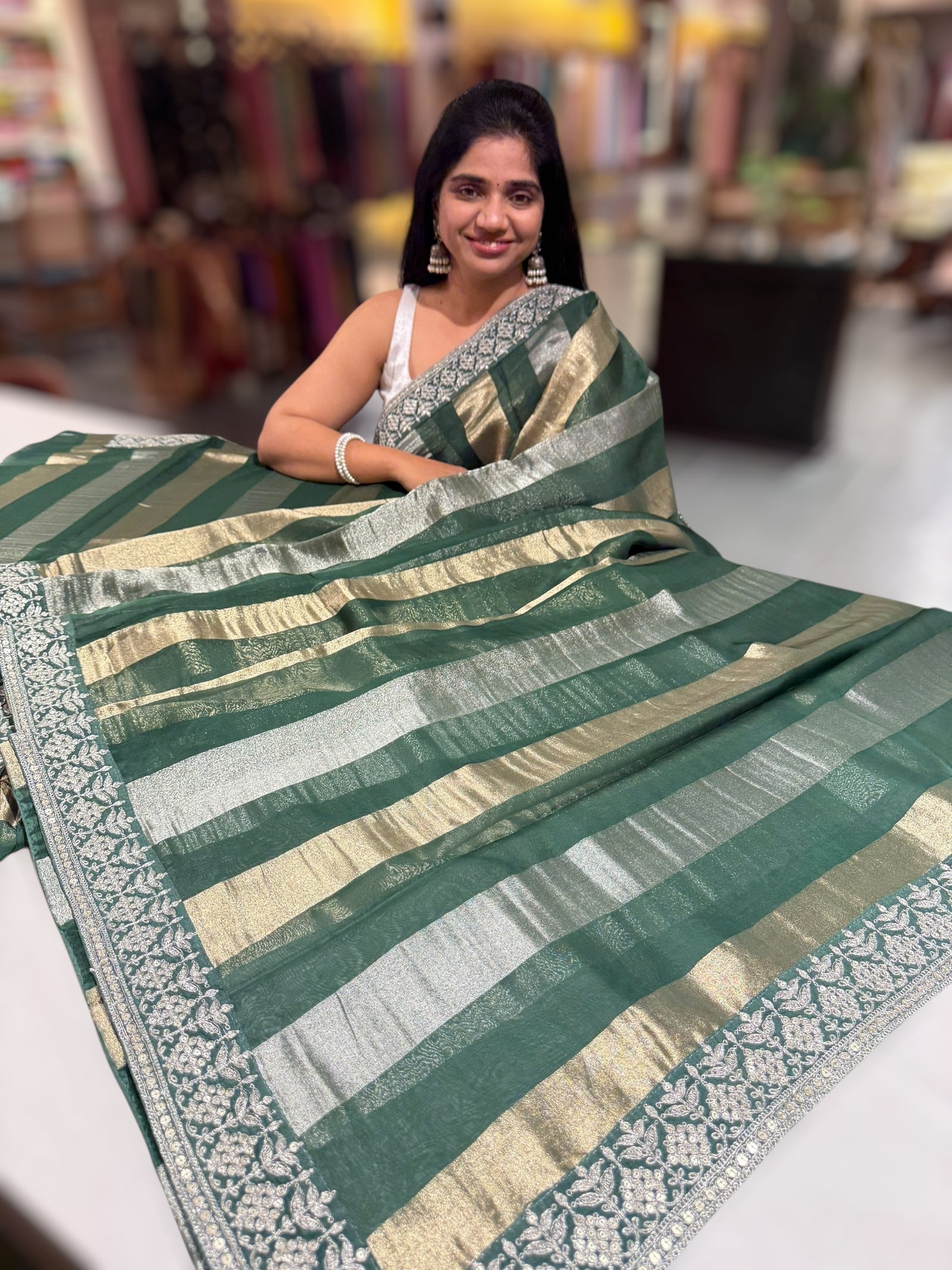 Forest Green kora tissue stripes saree