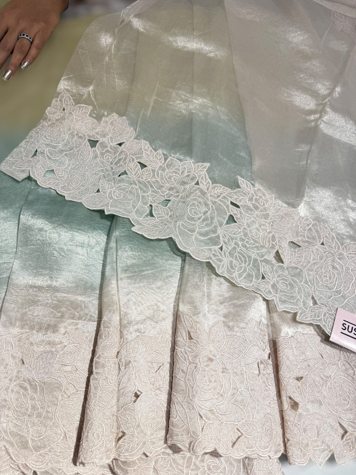 Ombre Dyed  Banarasi Tissue With Rose Cutwork embroidered Border