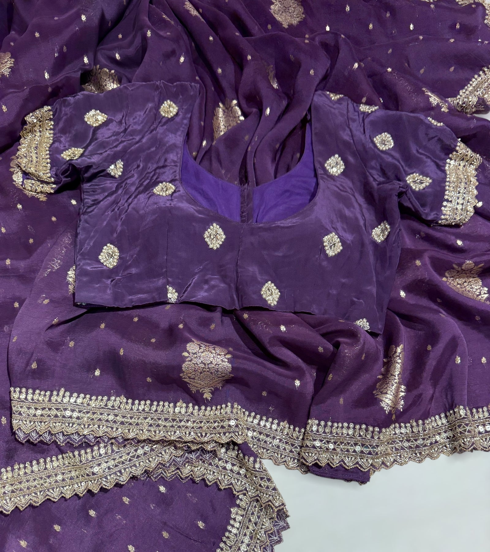 Violet Tissue Georgette Saree heavy handwork border paired with ready to wear blouse