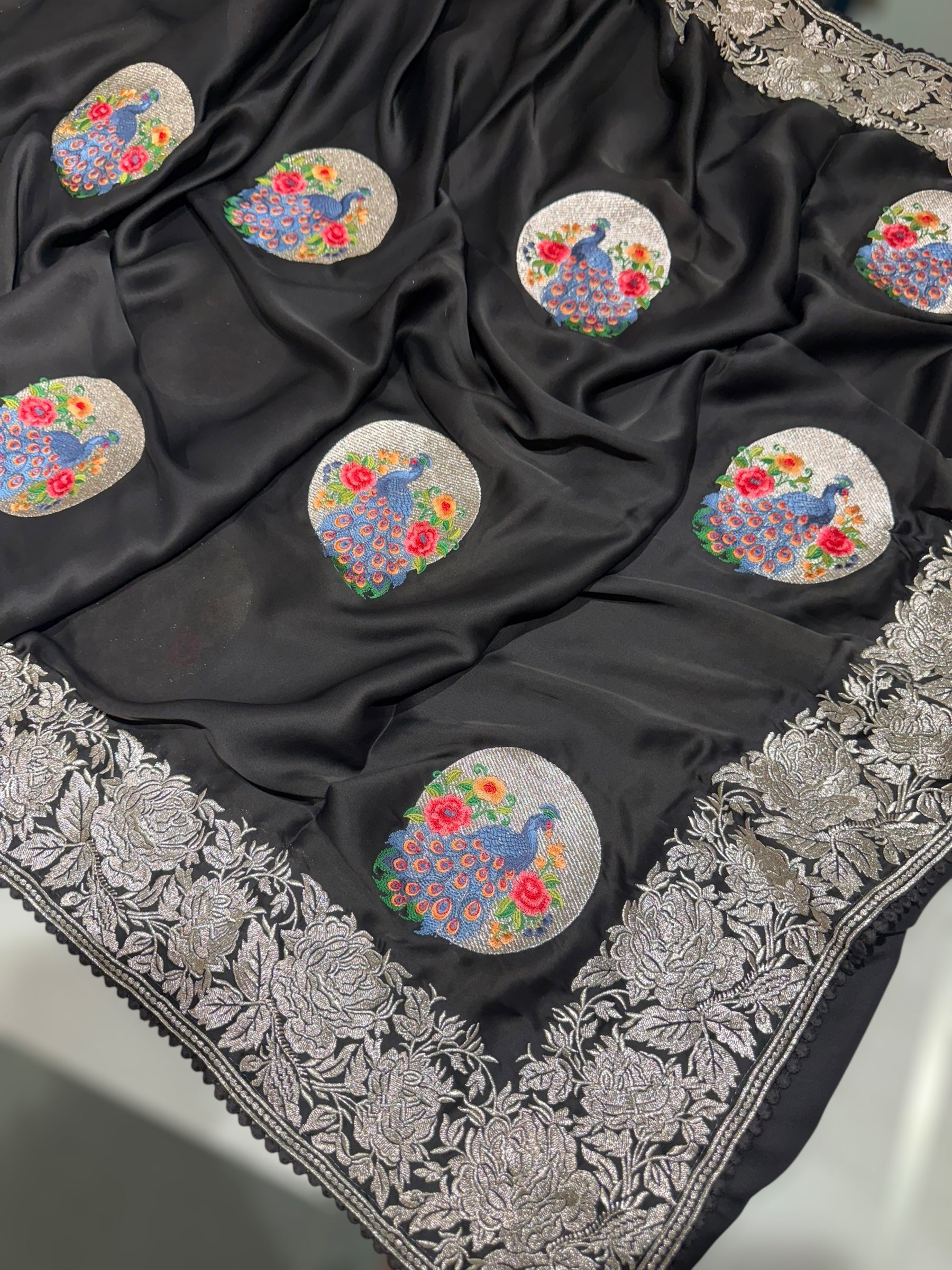 Black Designer Satin Saree with stunning embroidered border & motifs