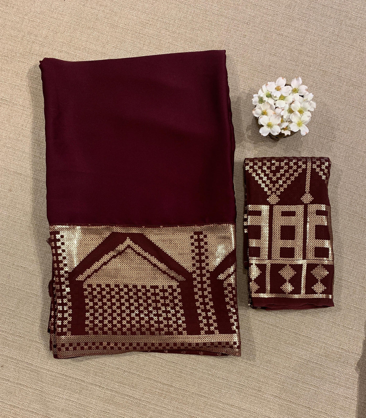 Burgundy Pure Satin Saree with designer sequence border and blouse