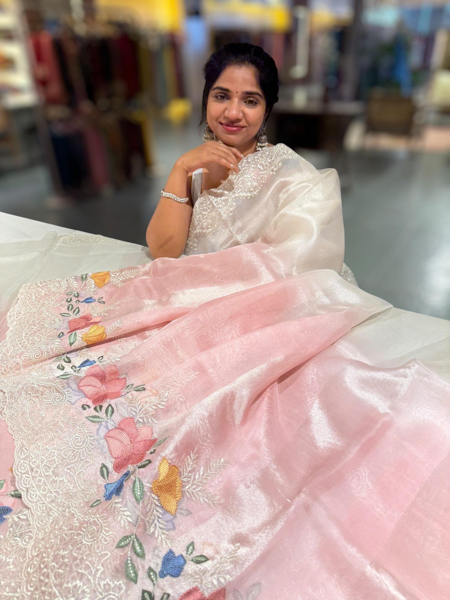 Pastel Pink & Silver Ombre dyed Tissue Saree with Cutwork embroidered Borders