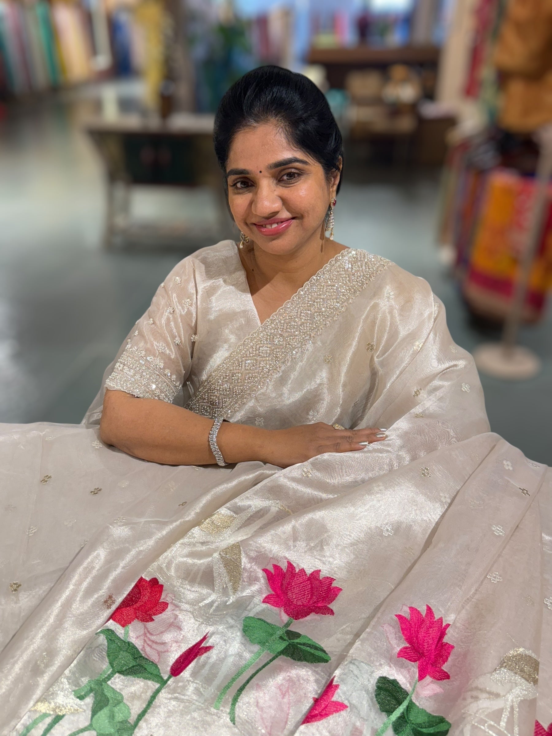 Silver Tissue Designer Saree with heavy handwork and embroidery