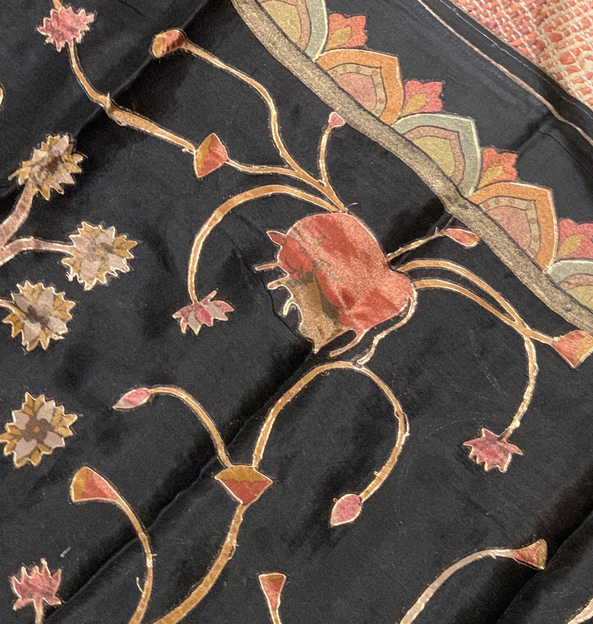 Black Designer Organza Saree with Stunning Tissue Applique work Saree with Village theme