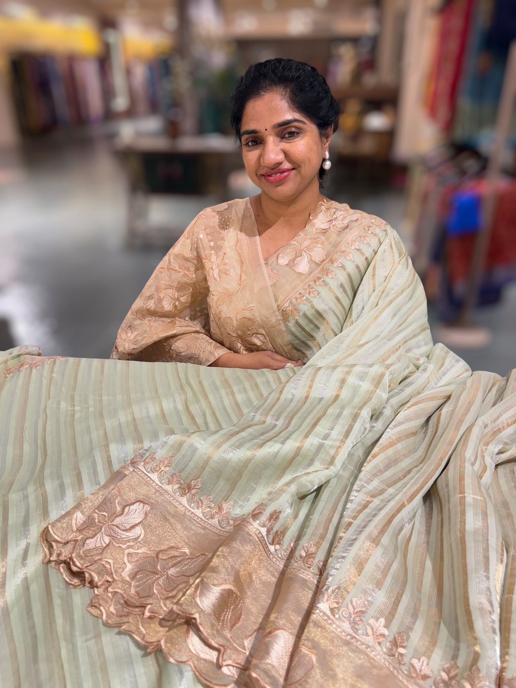 Mint Green Mul Tissue Stripes Saree With Tissue Cutwork  Border & Blouse