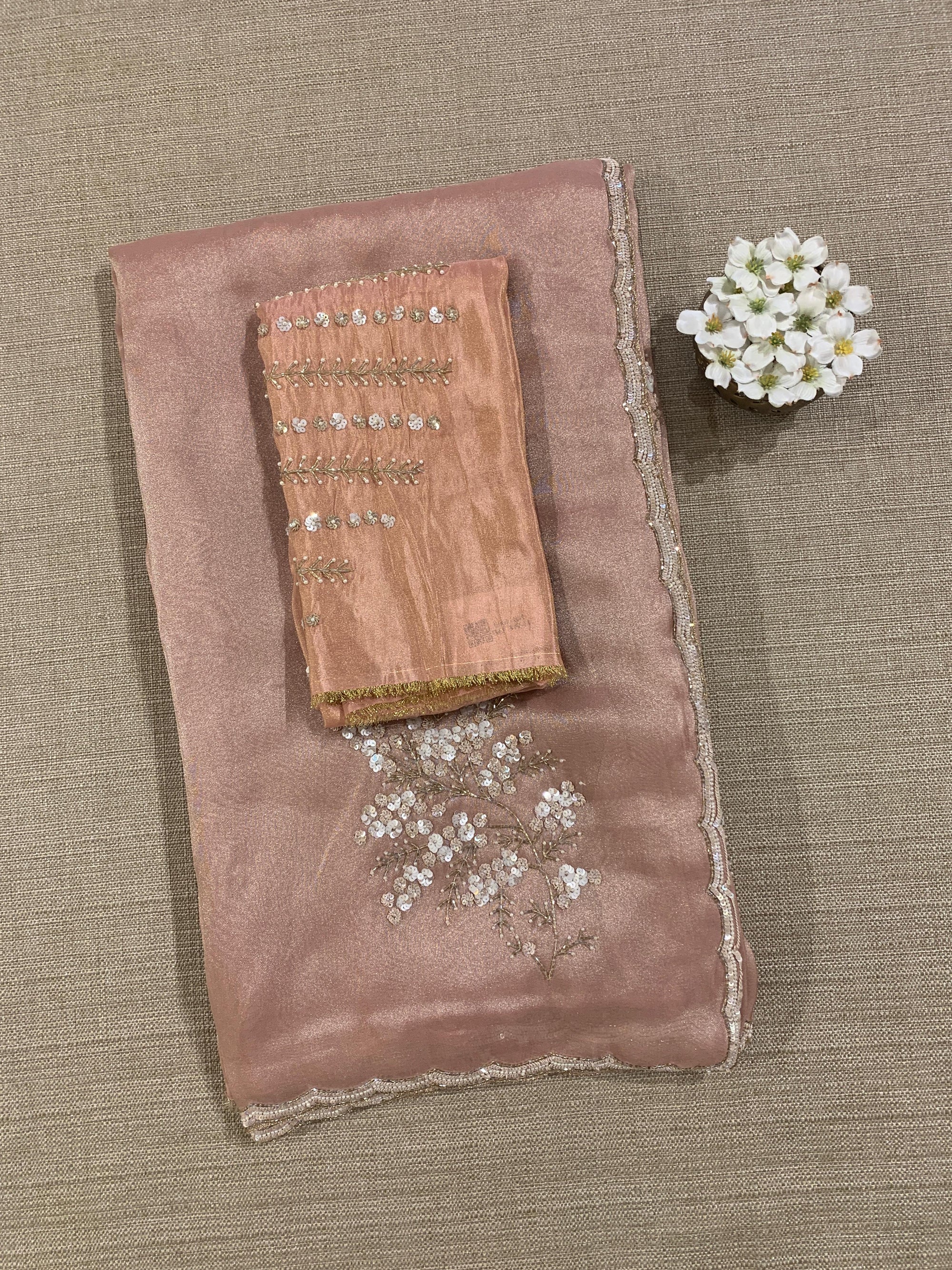 Tissue Gorgette Saree With Handwork Border and Blouse.