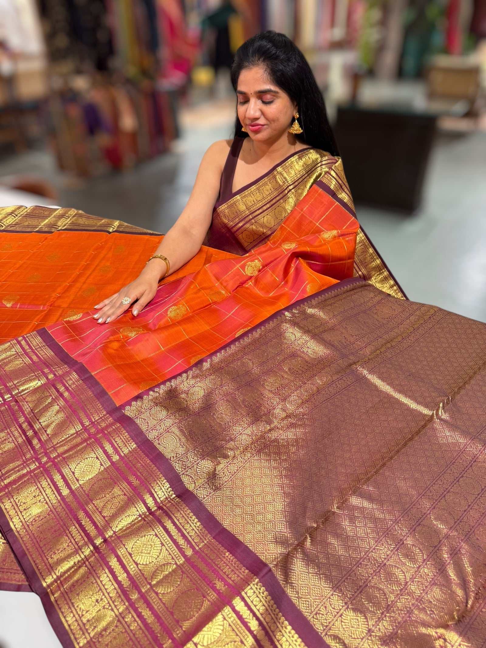 Rust Orange & winish Brown Combo Vintage Checks Kanjeevaram Saree