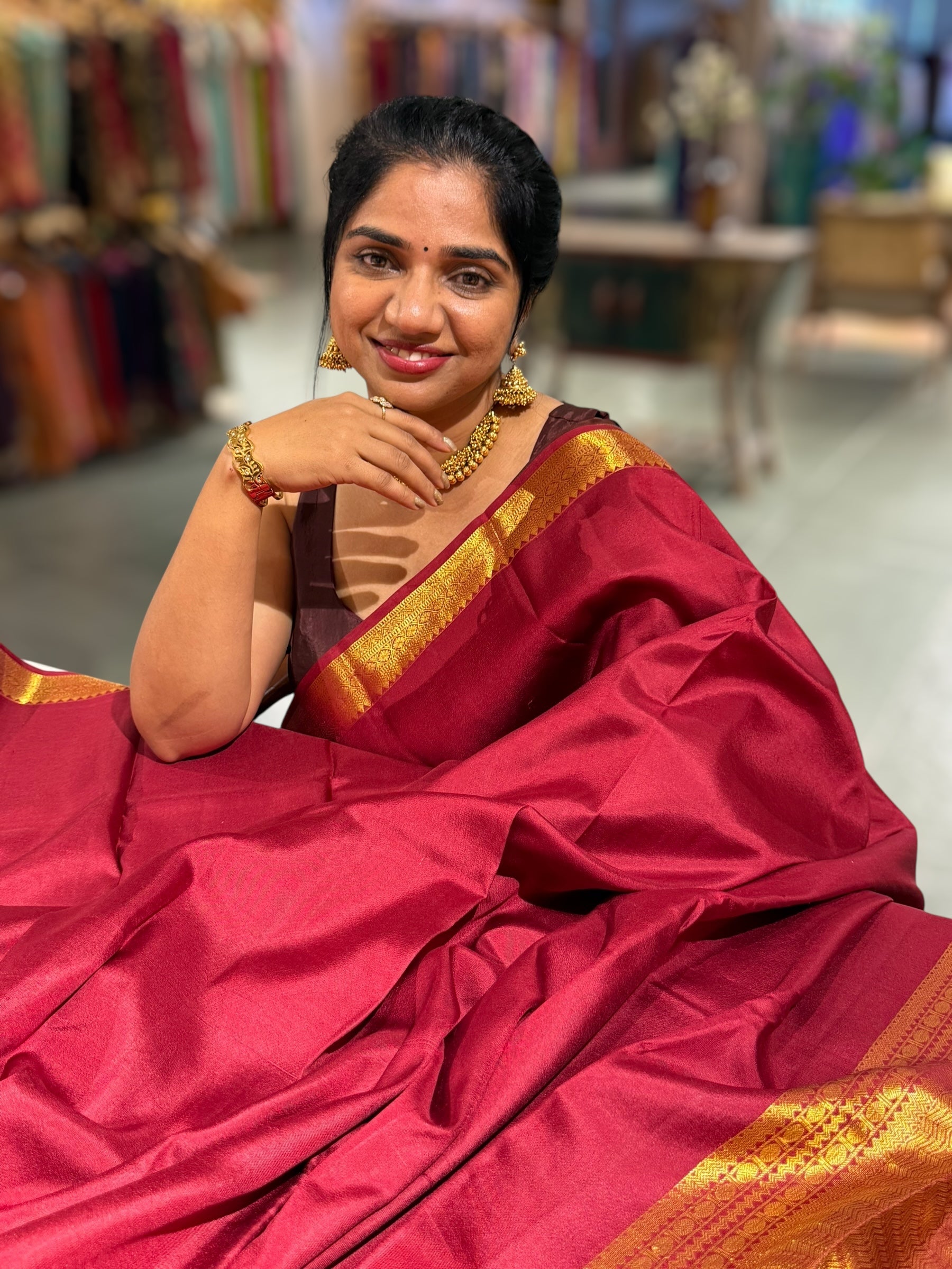 Meroon Kanchi Vintage Saree with Petite Point Embroidered Blouse