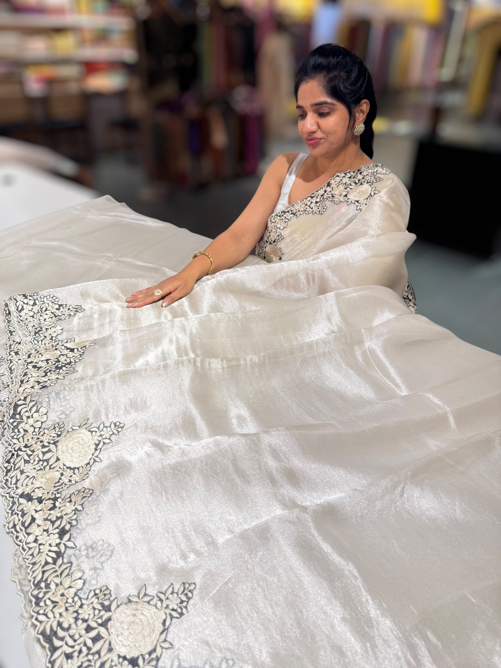 Silver Banarasi Tissue Saree with Parsi gara embroidery