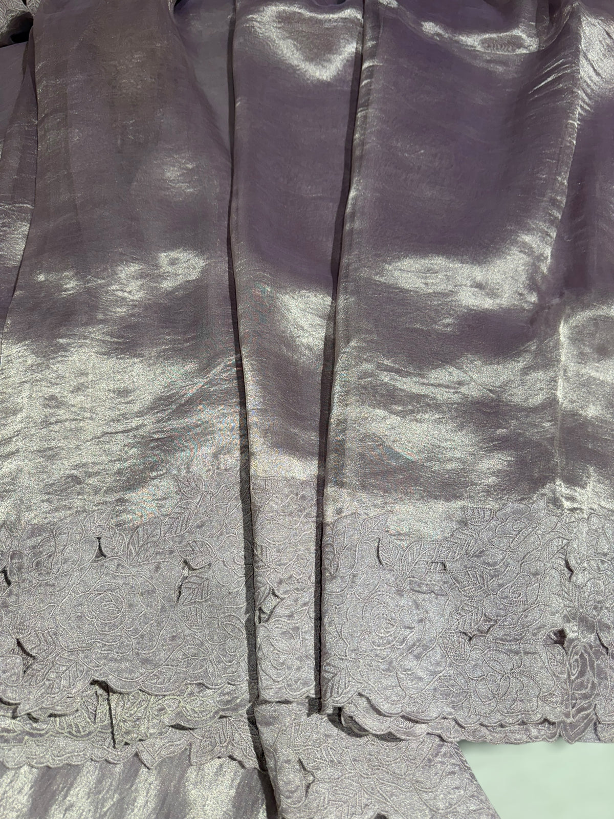 Lilac Banarasi Tissue With Rose Cutwork embroidered Border