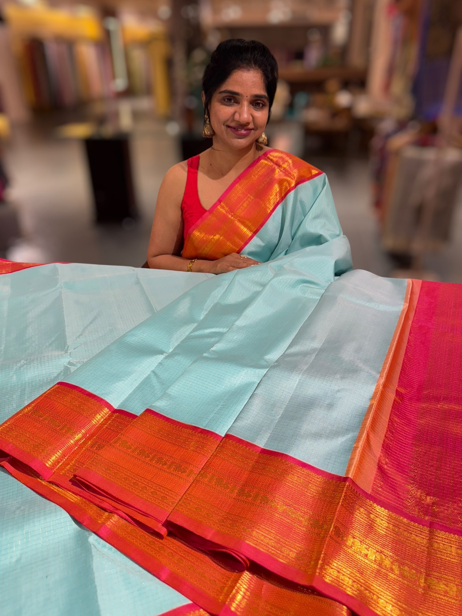 Sea Blue & Orangish pink combo  Vintage checks Kanjeevaram Saree