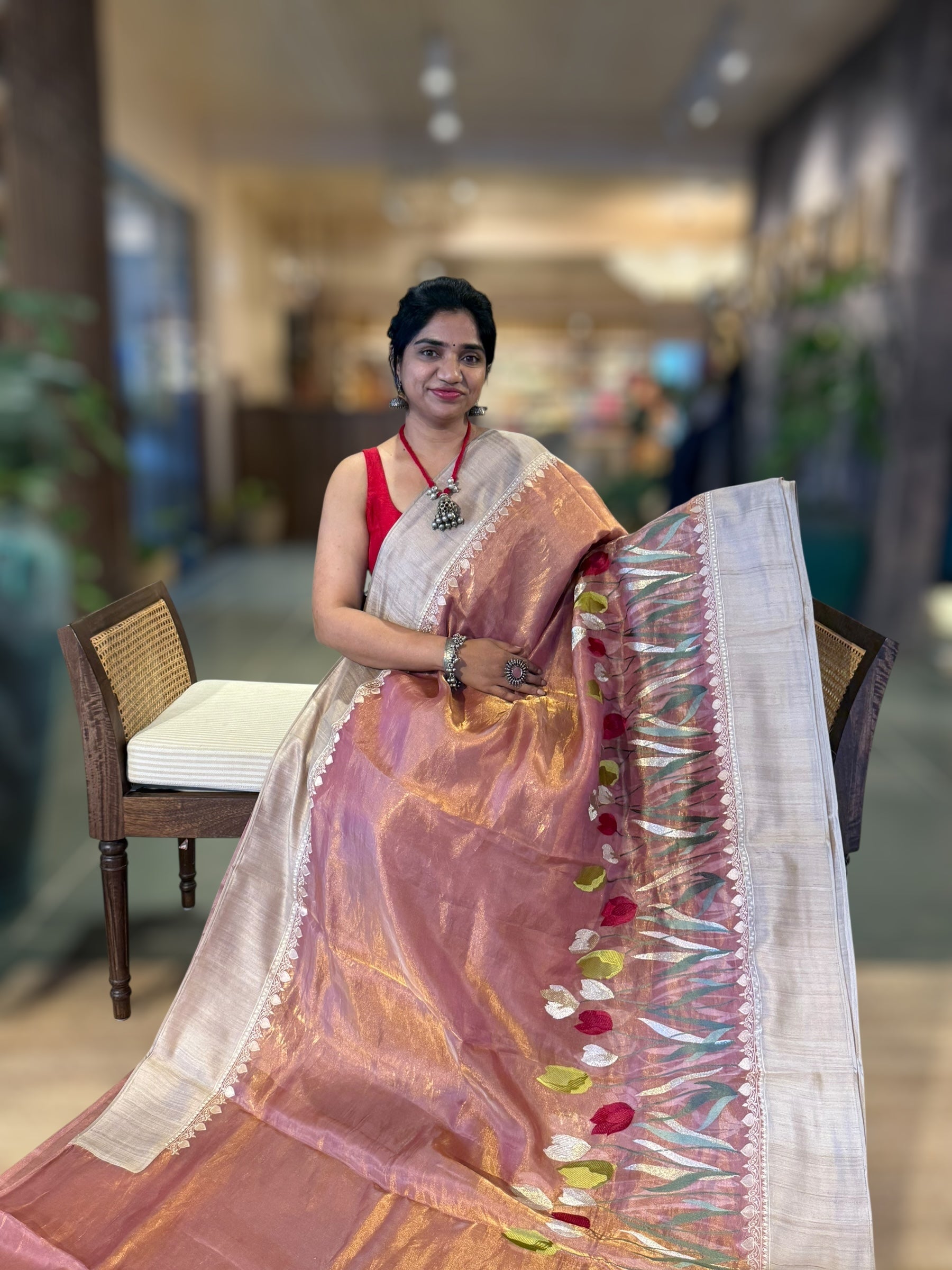 Peach Pink Designer Handloom Tissue Saree With Tulip embroidery