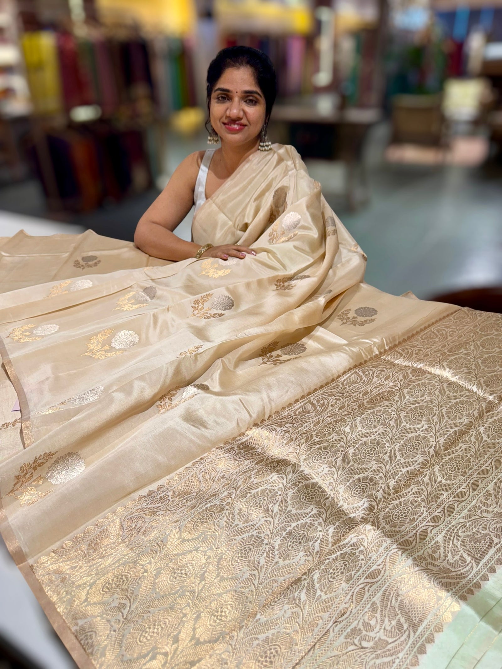 Light Beige Borderless Poona Silk Saree