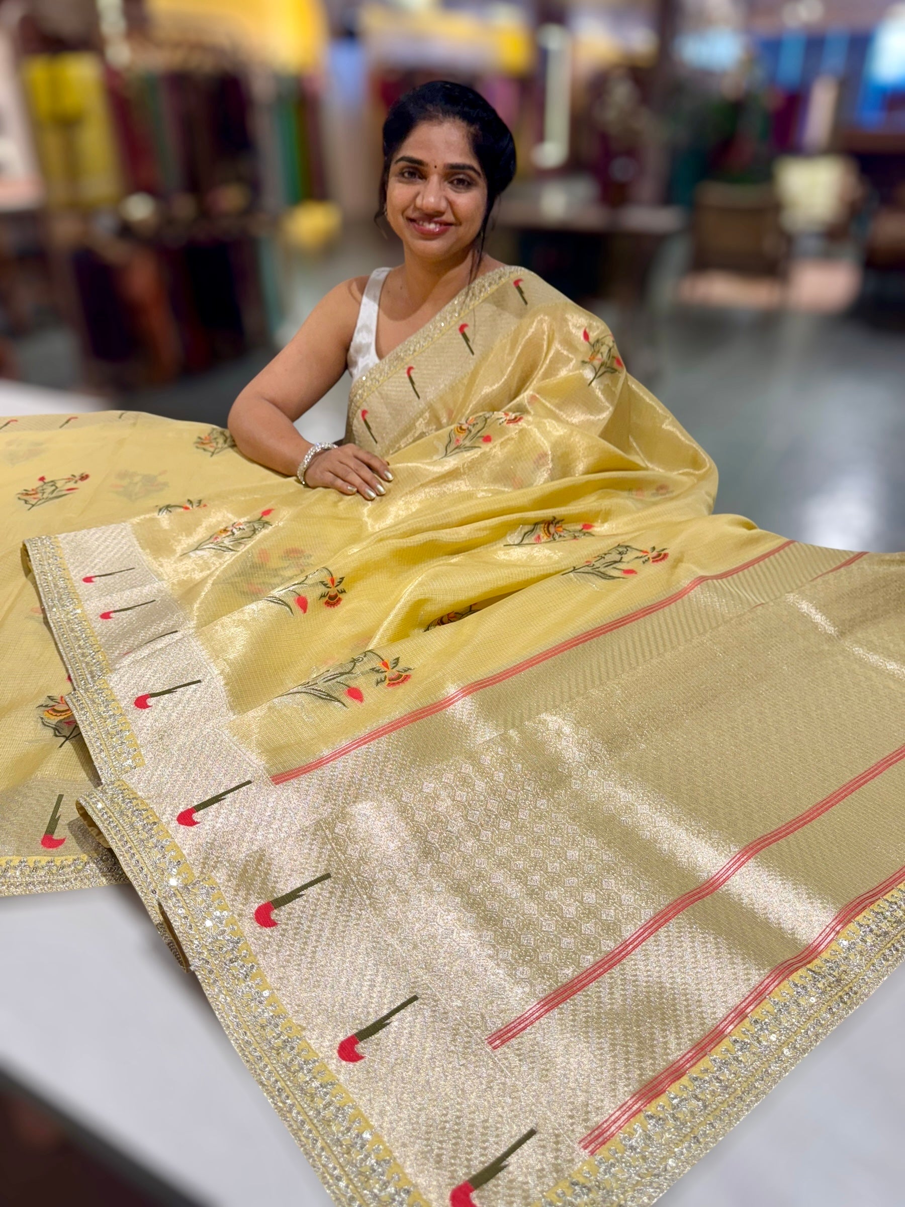 Pastel Yellow Tissue Kota Saree With sabhyasachi Borders and Blouses