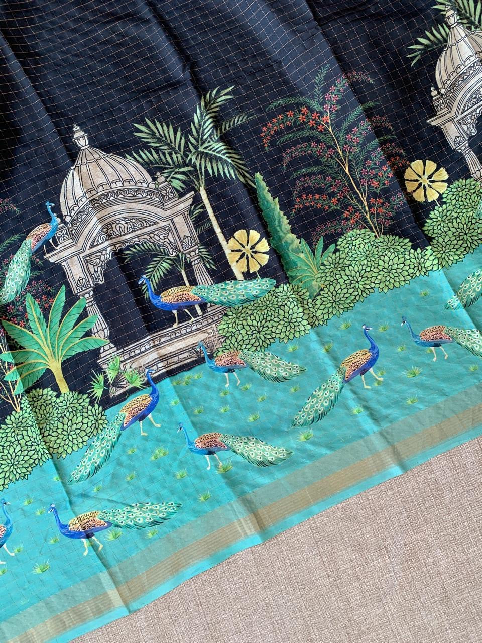 Black Checks Soft Silk with beautiful Skirt Border Peacock Print