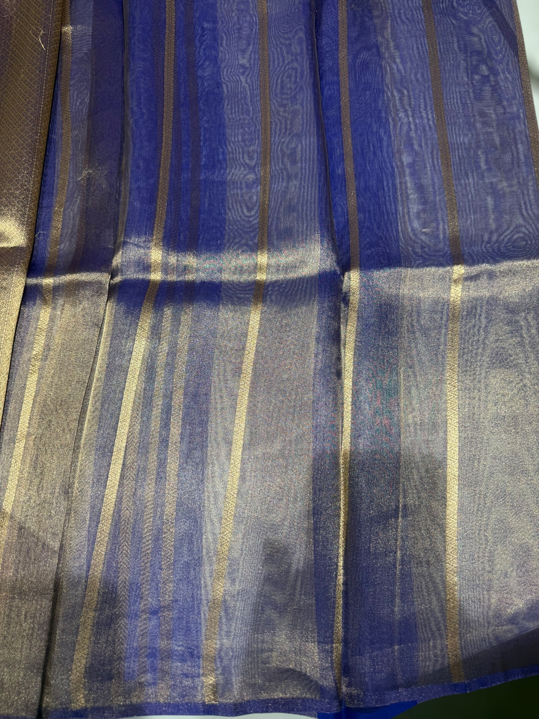 Royal Blue Banarasi Handloom Kora Tissue Stripes with allover kaduwa woven lotus  motifs .