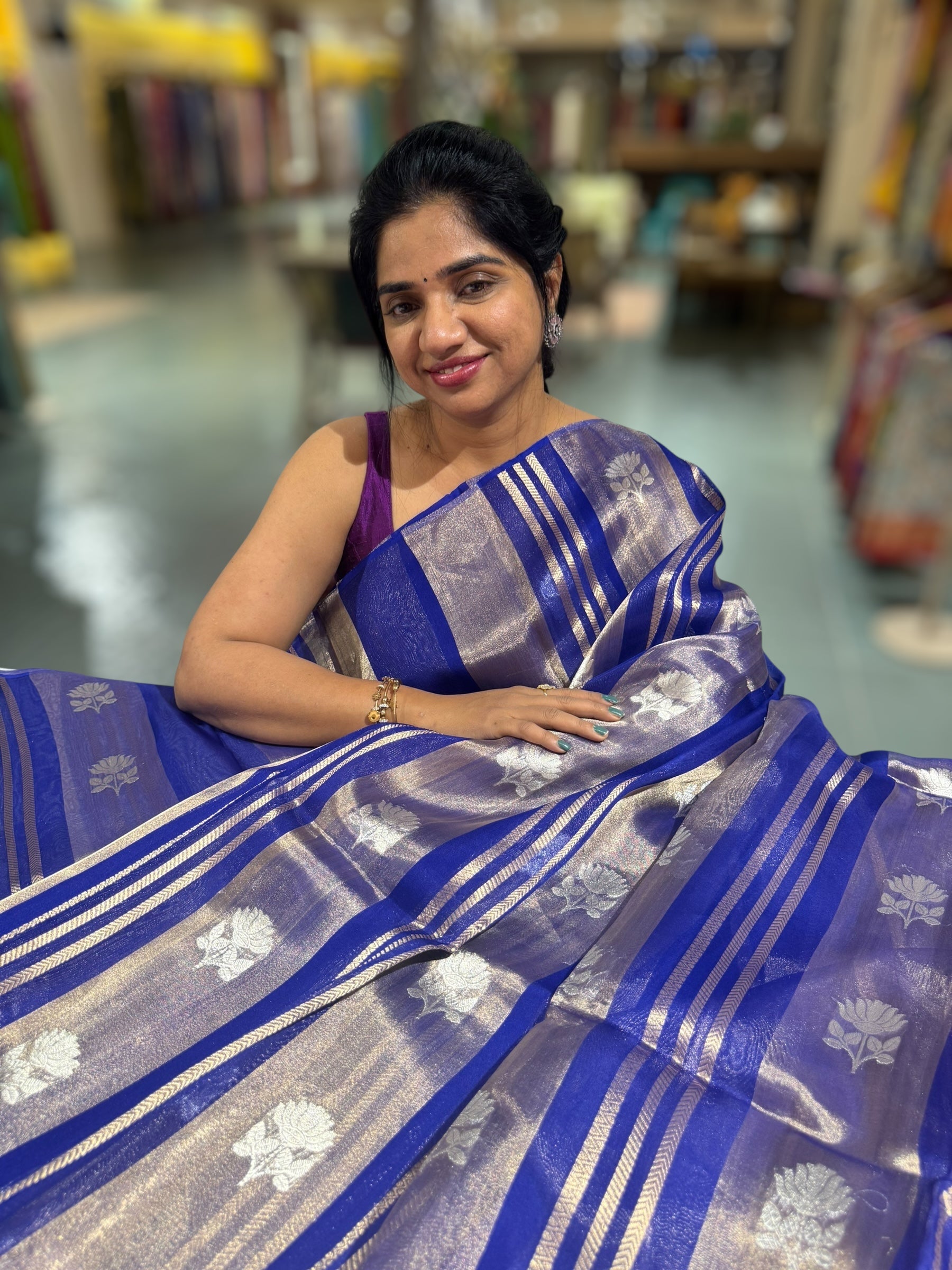 Royal Blue Banarasi Handloom Kora Tissue Stripes with allover kaduwa woven lotus  motifs .