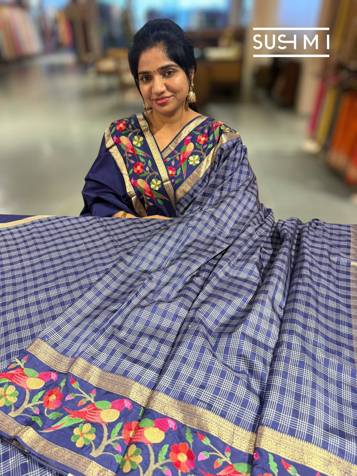 Midnight Blue Vintage checks Kanjeevaram soft silk saree with embroidery D62F040