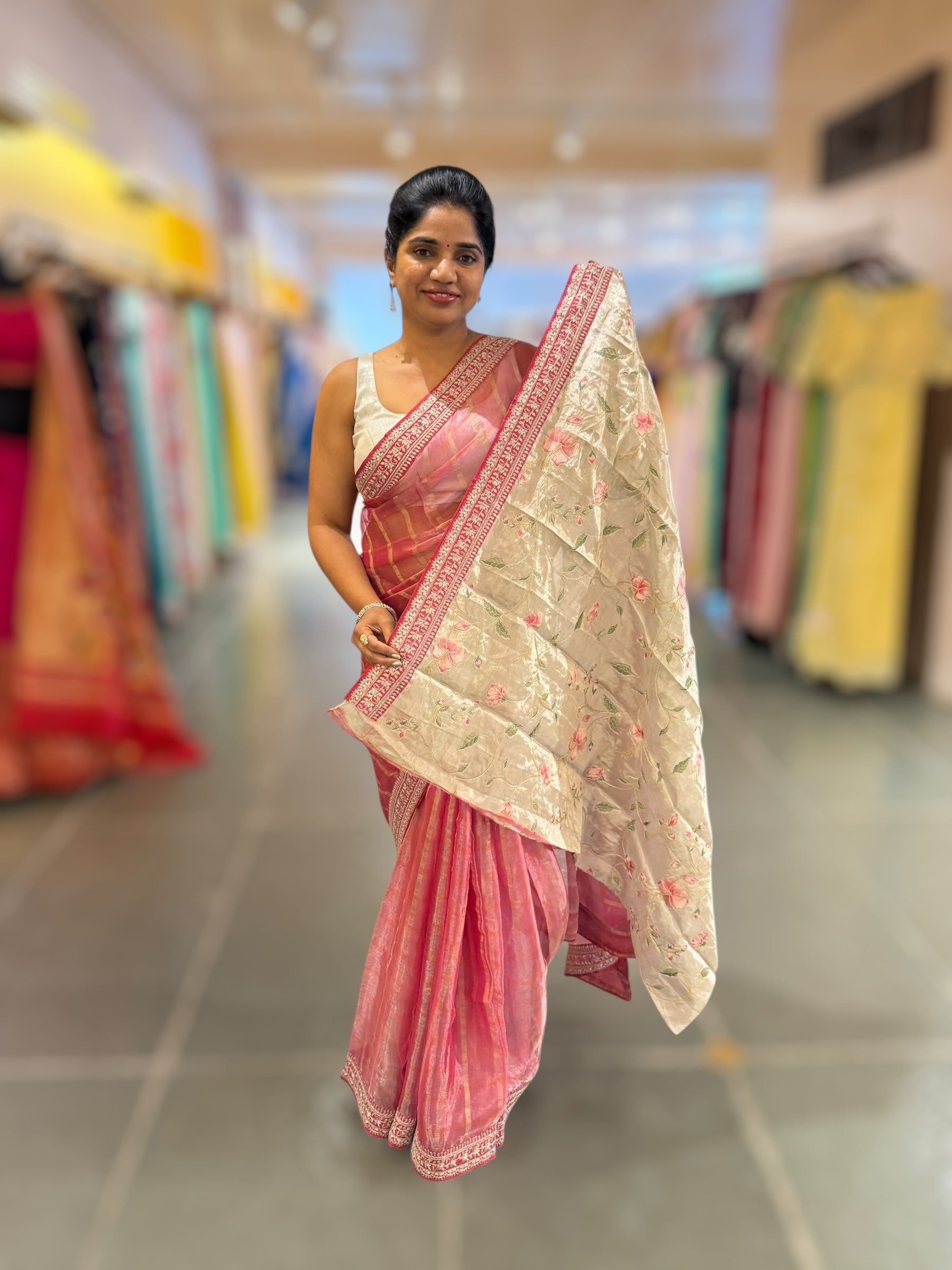 Coral Pink Pure Handloom Tissue checks Saree with sabyasachi borders
