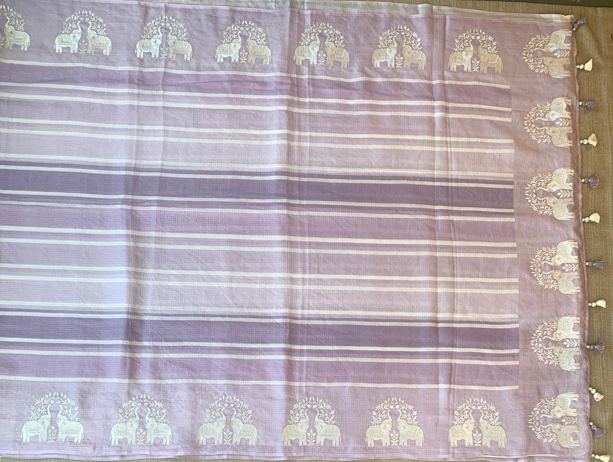 Lilac Designer Silk kota saree with elephant embroidered border