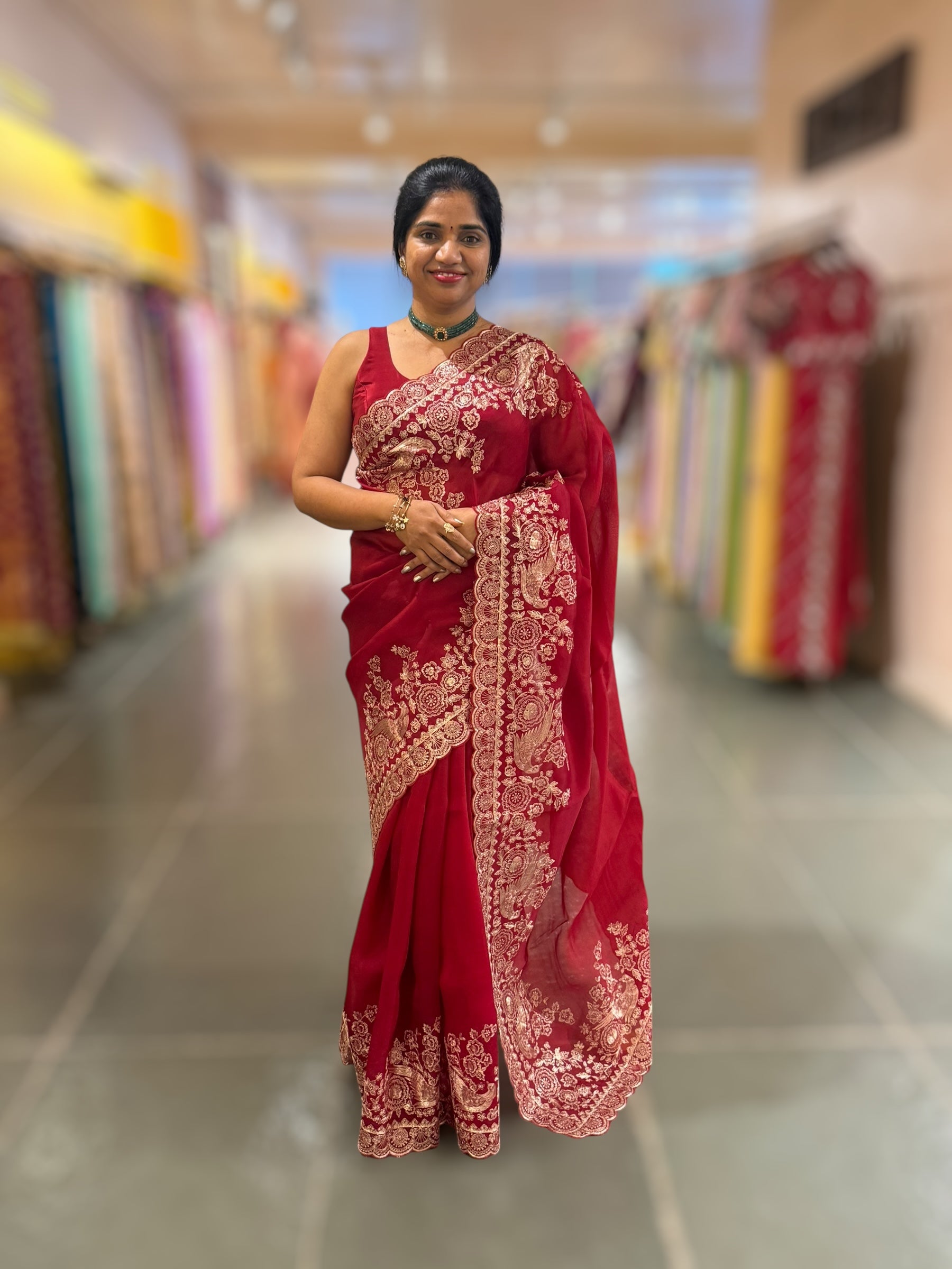Meroonish Red  Pure organza Saree with pita emb