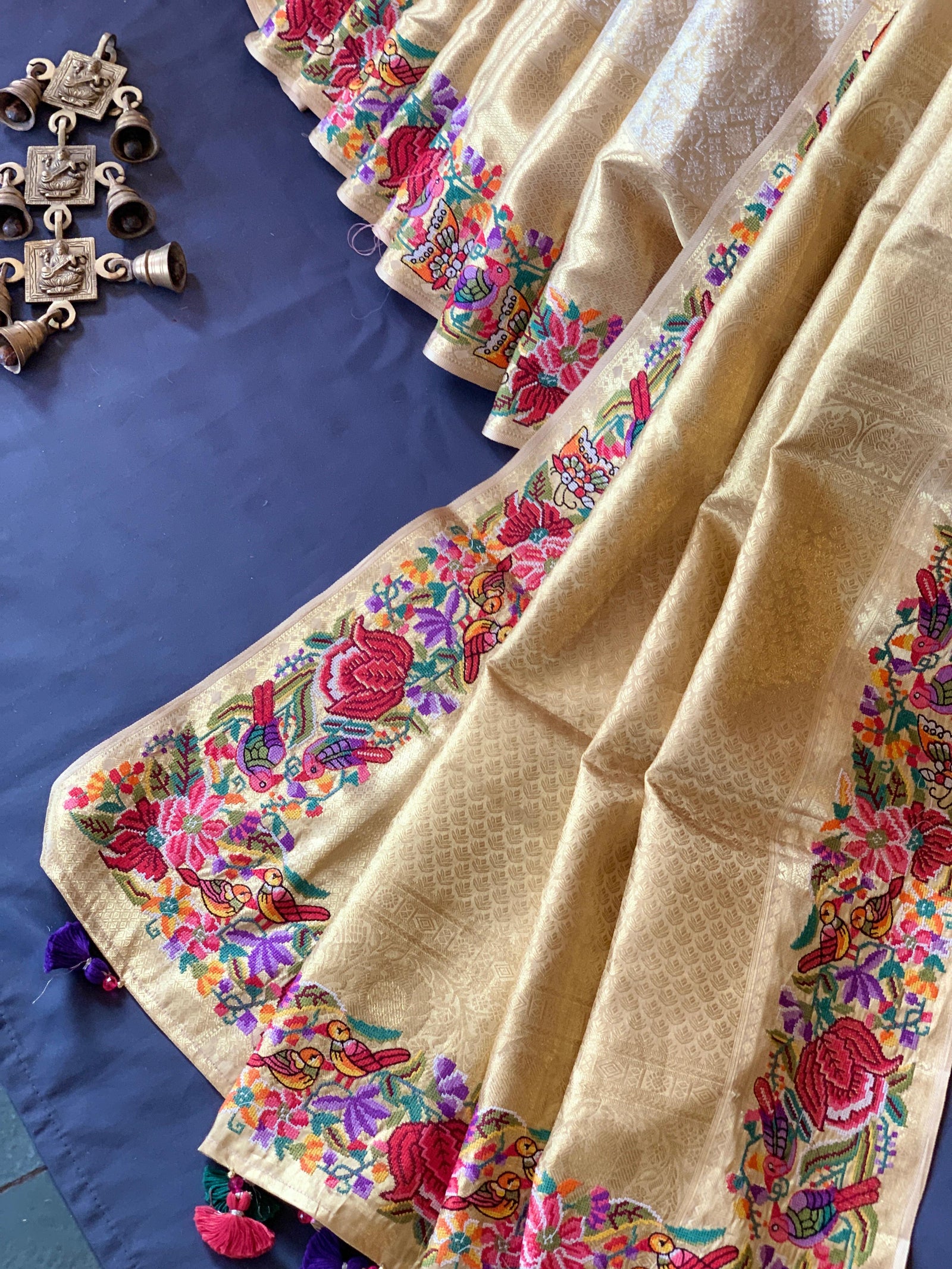 Gold Kanjeevaram Tissue Sareewith petite point embroidery : S62F087
